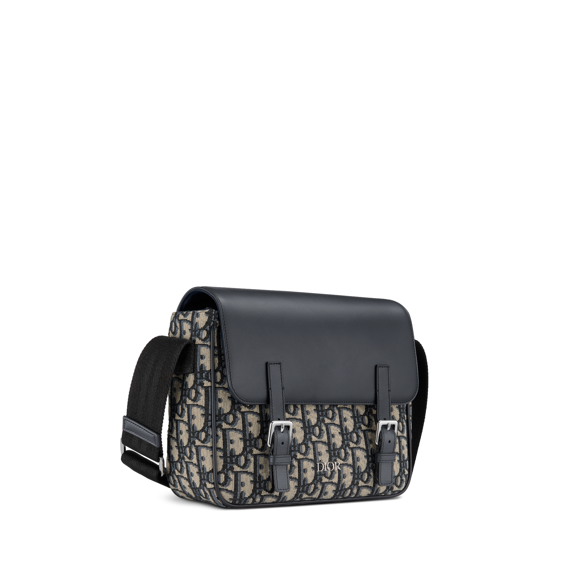 儿童信使包 蓝色光滑牛皮革米色和黑色 Oblique 印花面料 E03