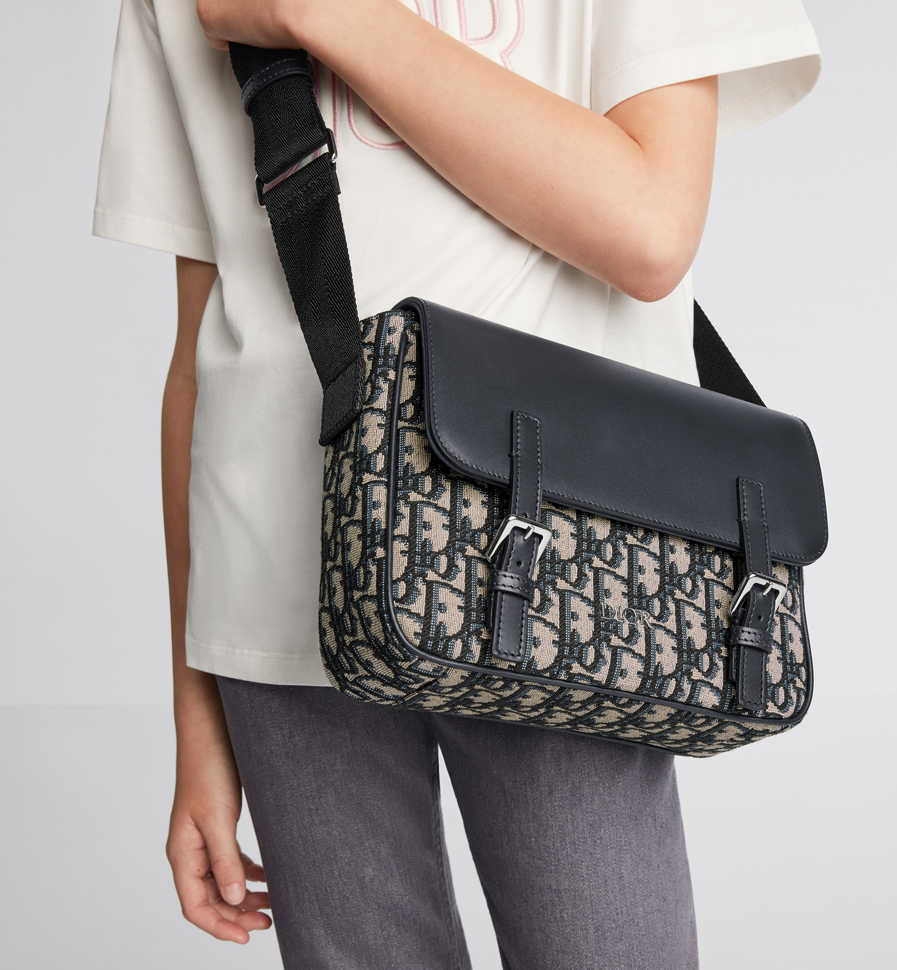 儿童信使包 蓝色光滑牛皮革米色和黑色 Oblique 印花面料 E11