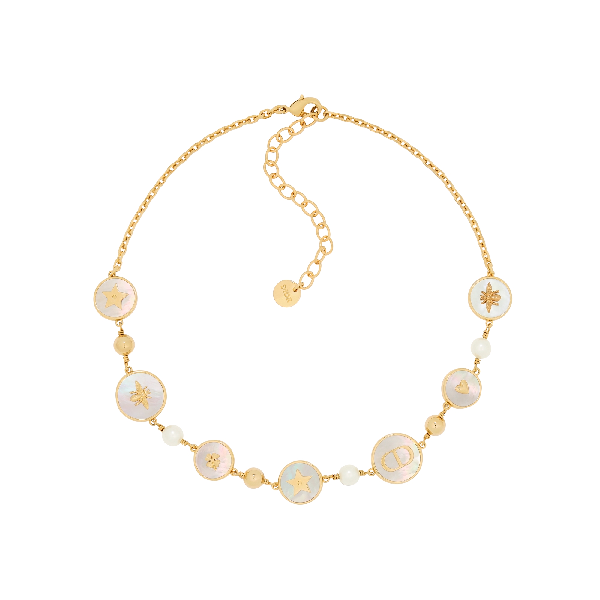  金色饰面金属、白色树脂珠饰和白色珍珠母贝装饰