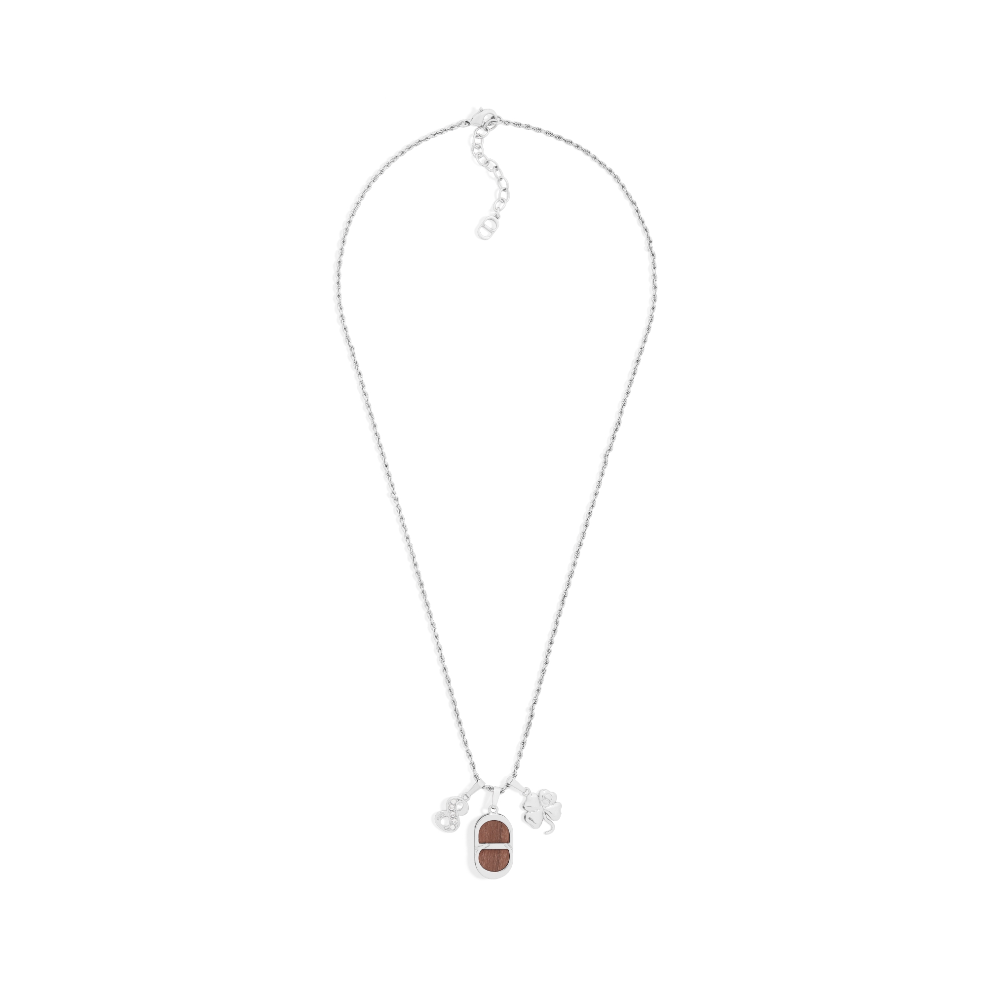 Knock on Wood 吊坠项链 银色饰面铜合金、桑托斯木和白色晶体装饰 E01