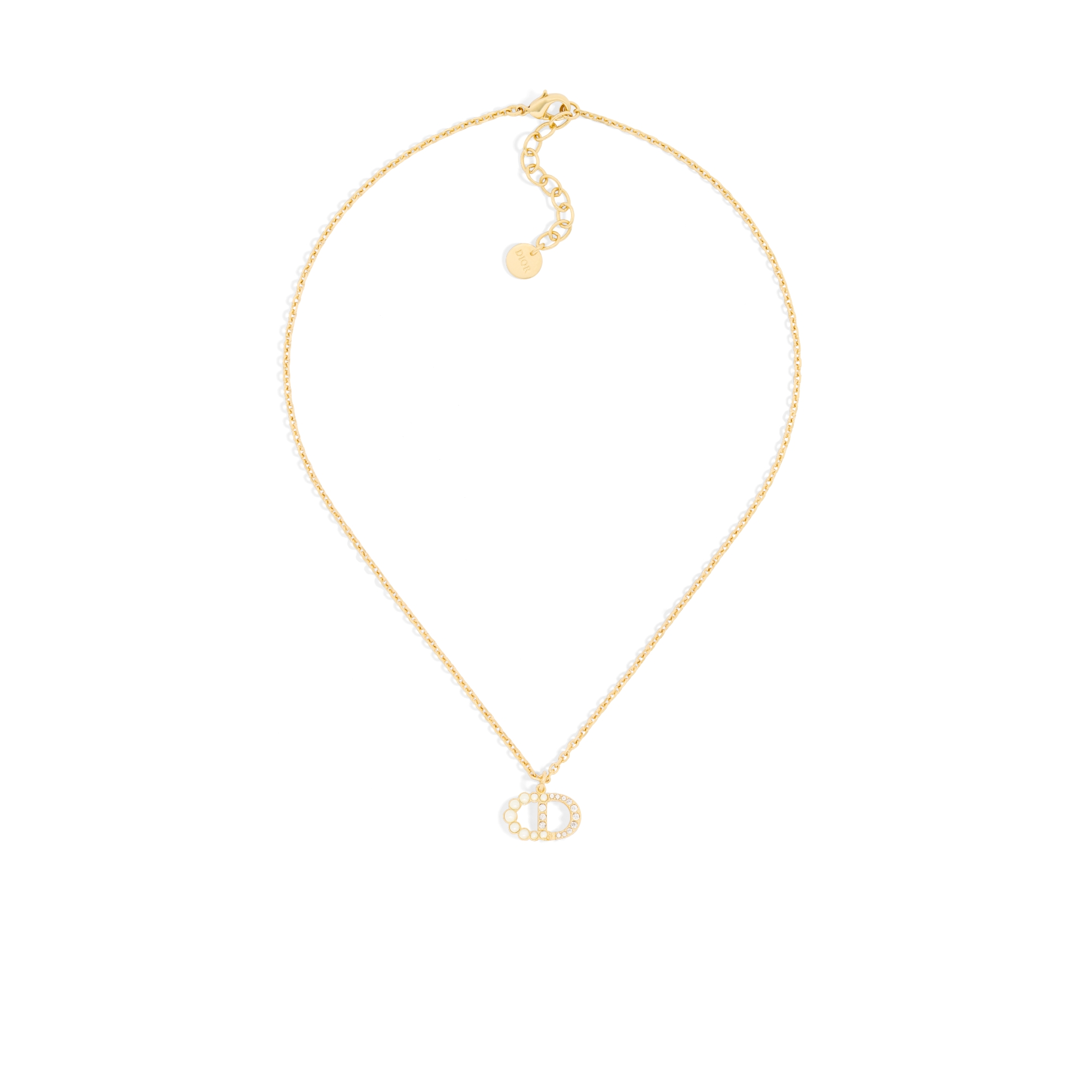 Petit CD Duo 项链 金色饰面金属、白色树脂珠饰和闪亮晶体装饰 E01