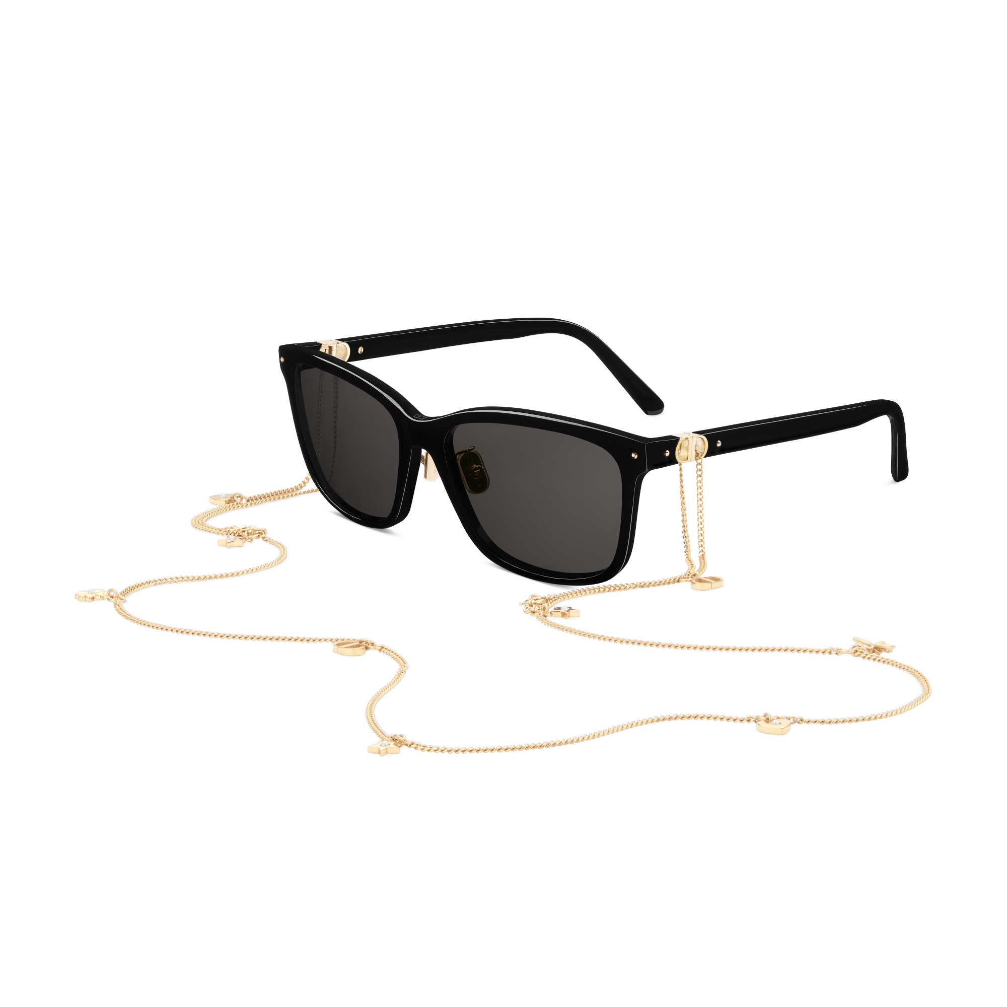 Petit CD S2F 太阳眼镜 黑色正方形镜框搭配 Dior Lucky 金色饰面金属链条 E03
