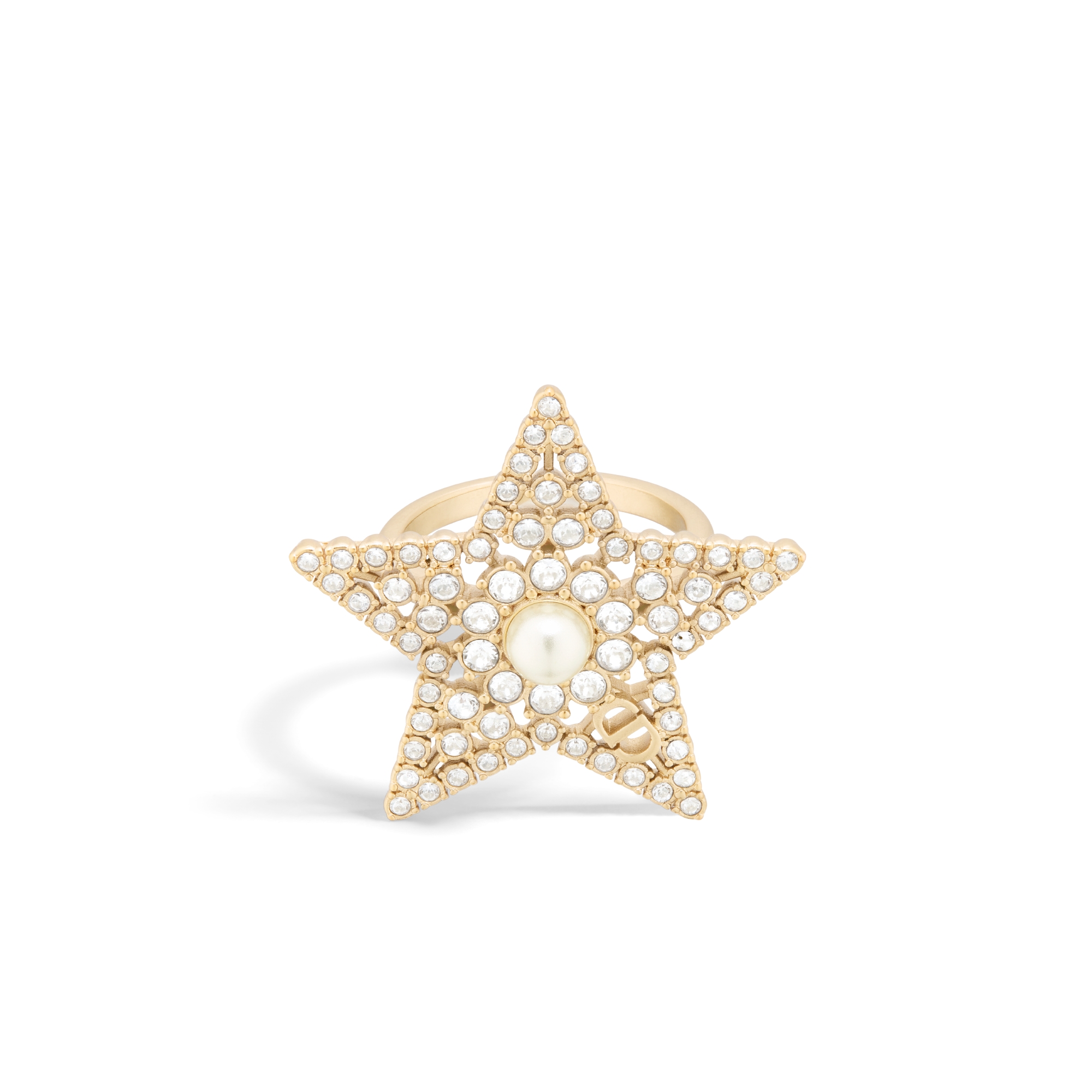 Nuit Étoilée 戒指 浅金色饰面金属、白色树脂珠饰和银色调晶体装饰 E01