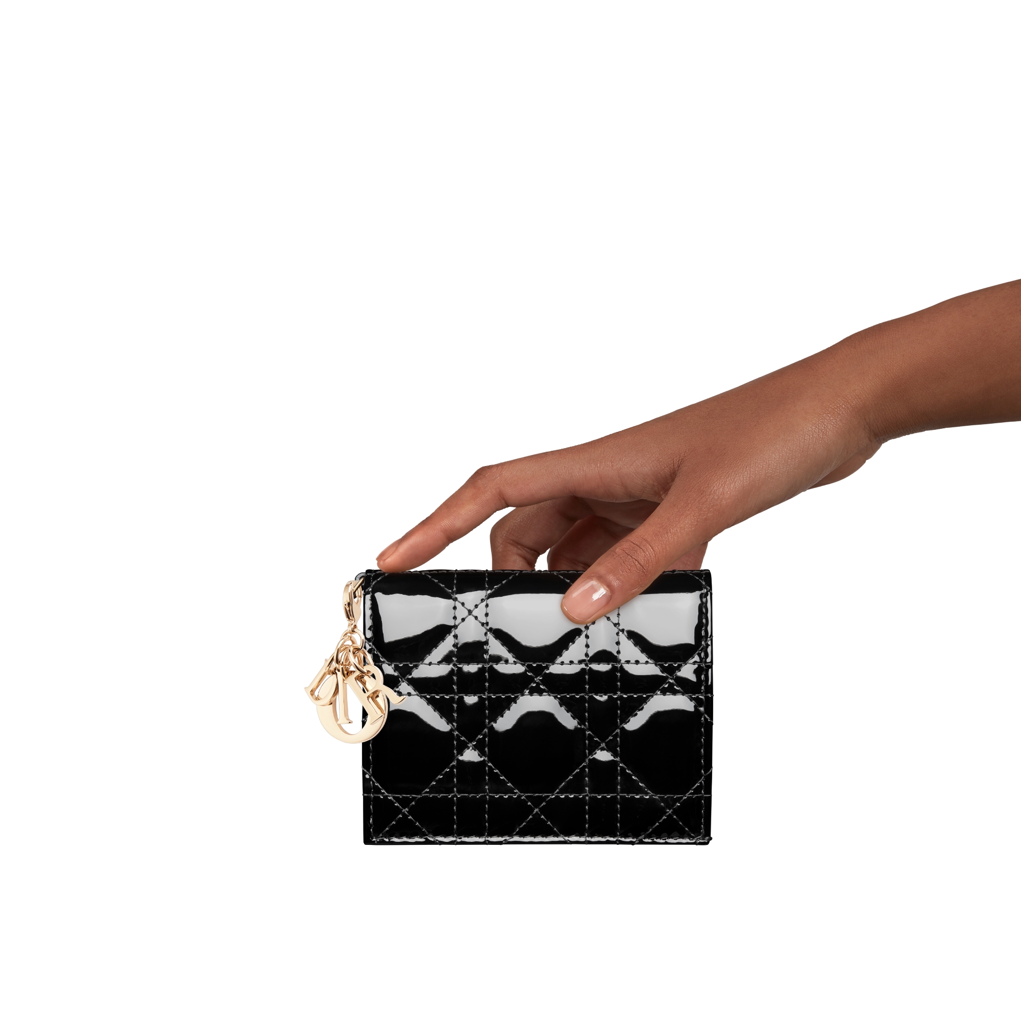 迷你 Lady Dior Gardenia 钱包 黑色漆皮牛皮革藤格纹 E11