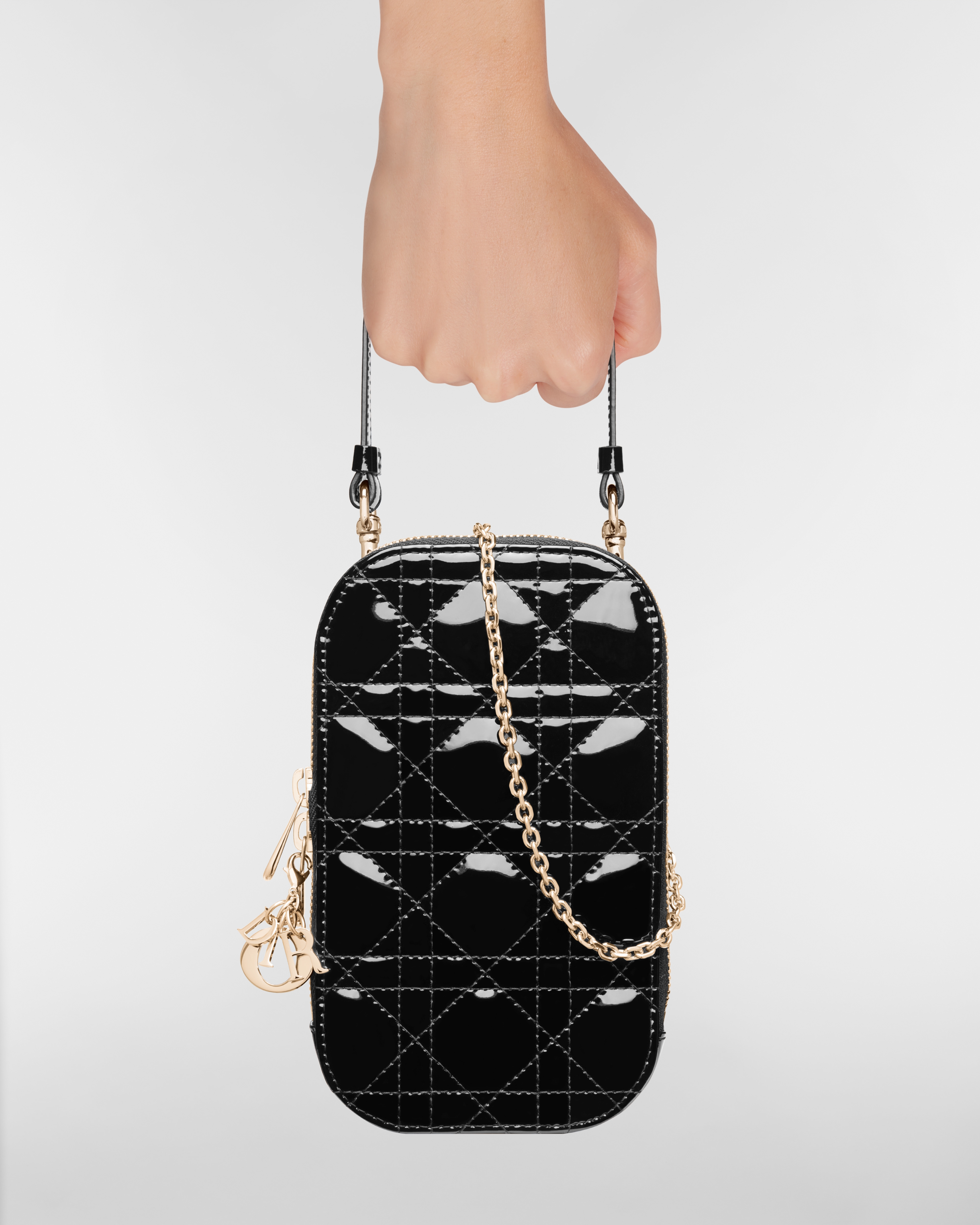 Lady Dior Call'in Dior 手机袋 黑色漆皮牛皮革藤格纹 E11