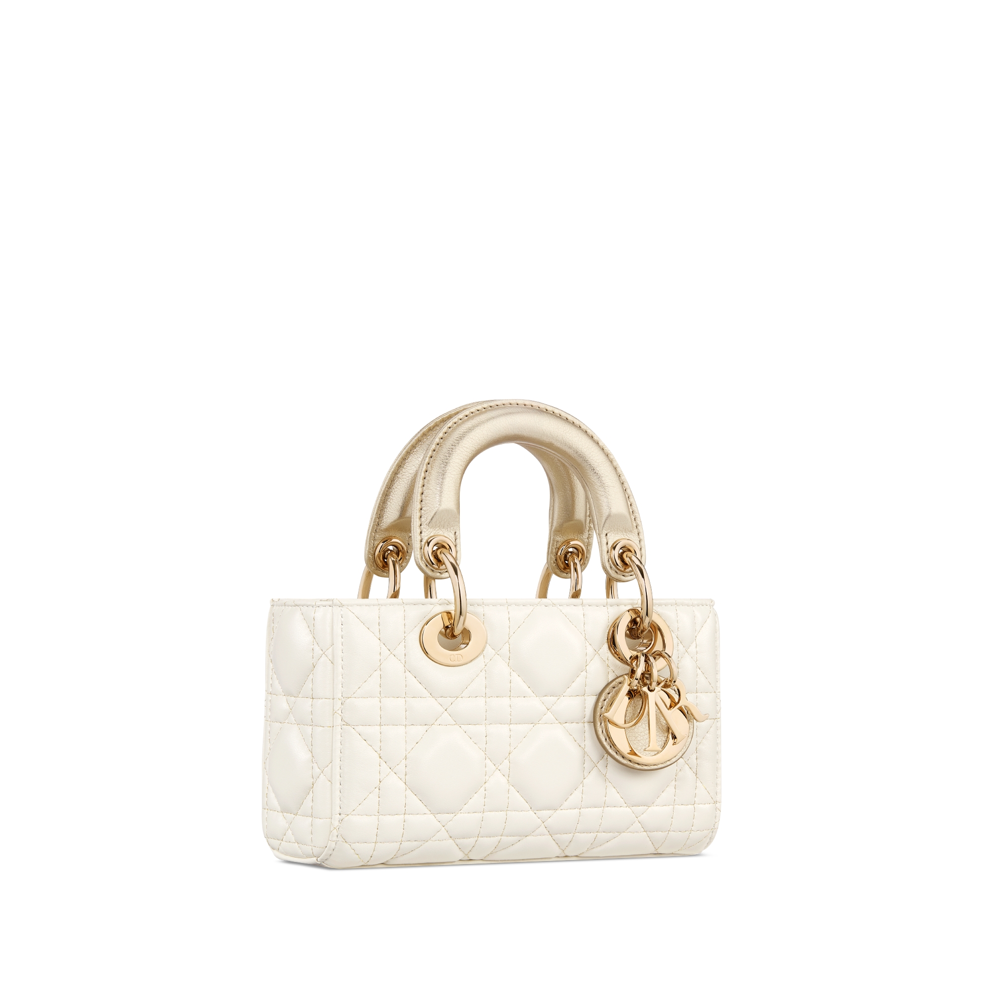 Lady D-Joy 超迷你手袋 金色和白色双色羊皮革藤格纹搭配金属光泽线 E03