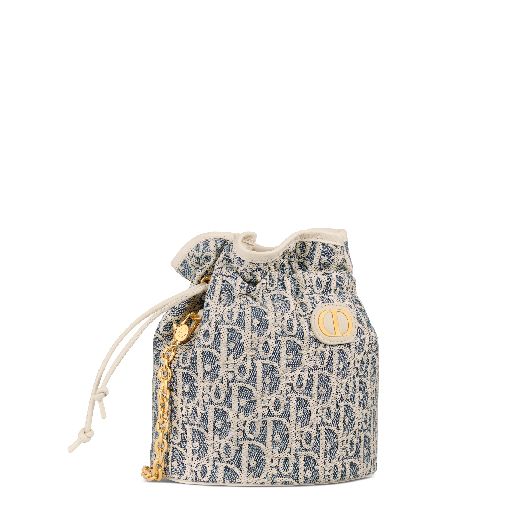 30 Montaigne 迷你抽绳链条水桶包 蓝色酒椰草效果格纹布 Oblique 印花和浅饼干色光滑牛皮革 E03
