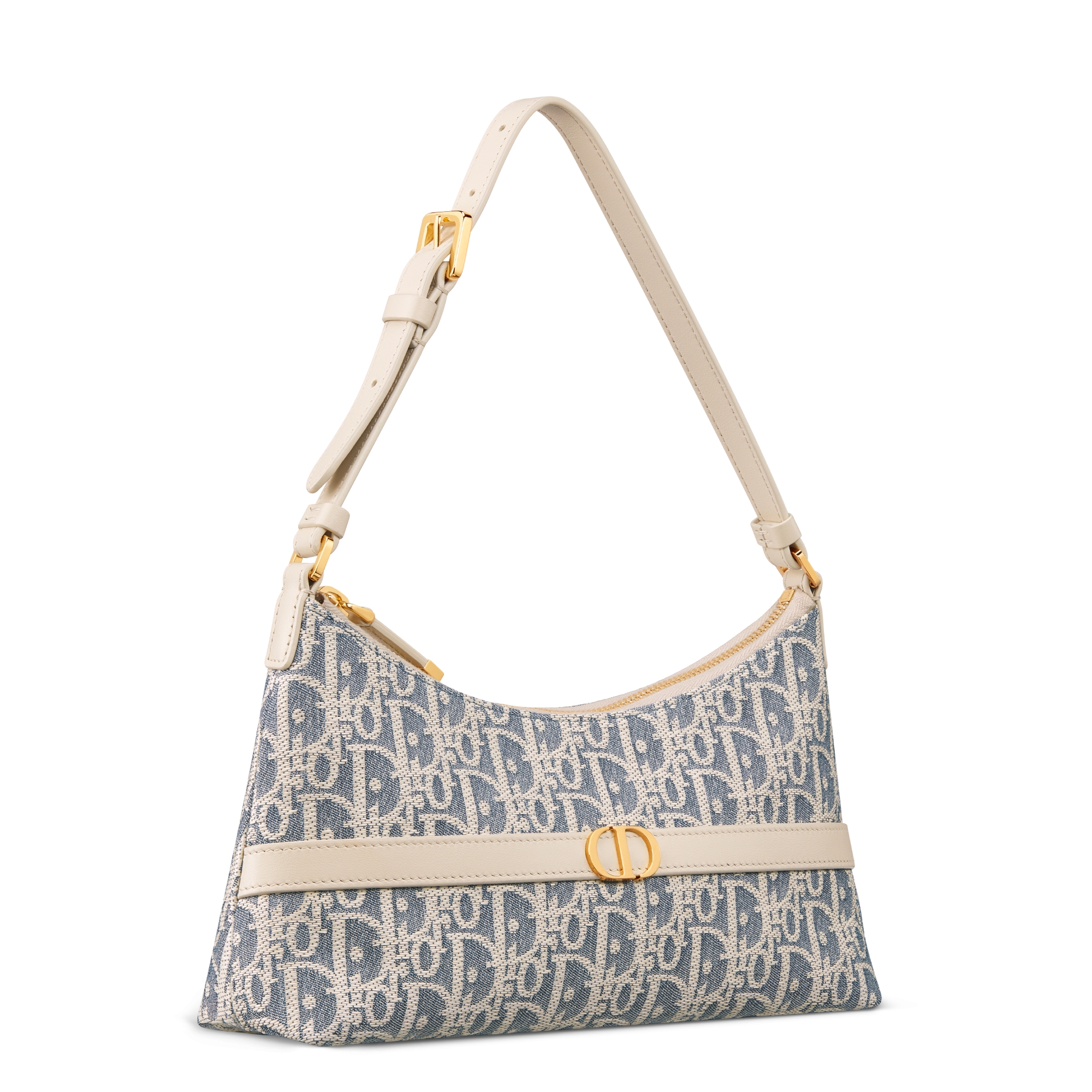 30 Montaigne 迷你水饺包 蓝色酒椰草效果格纹布 Oblique 印花和浅饼干色光滑牛皮革 E03