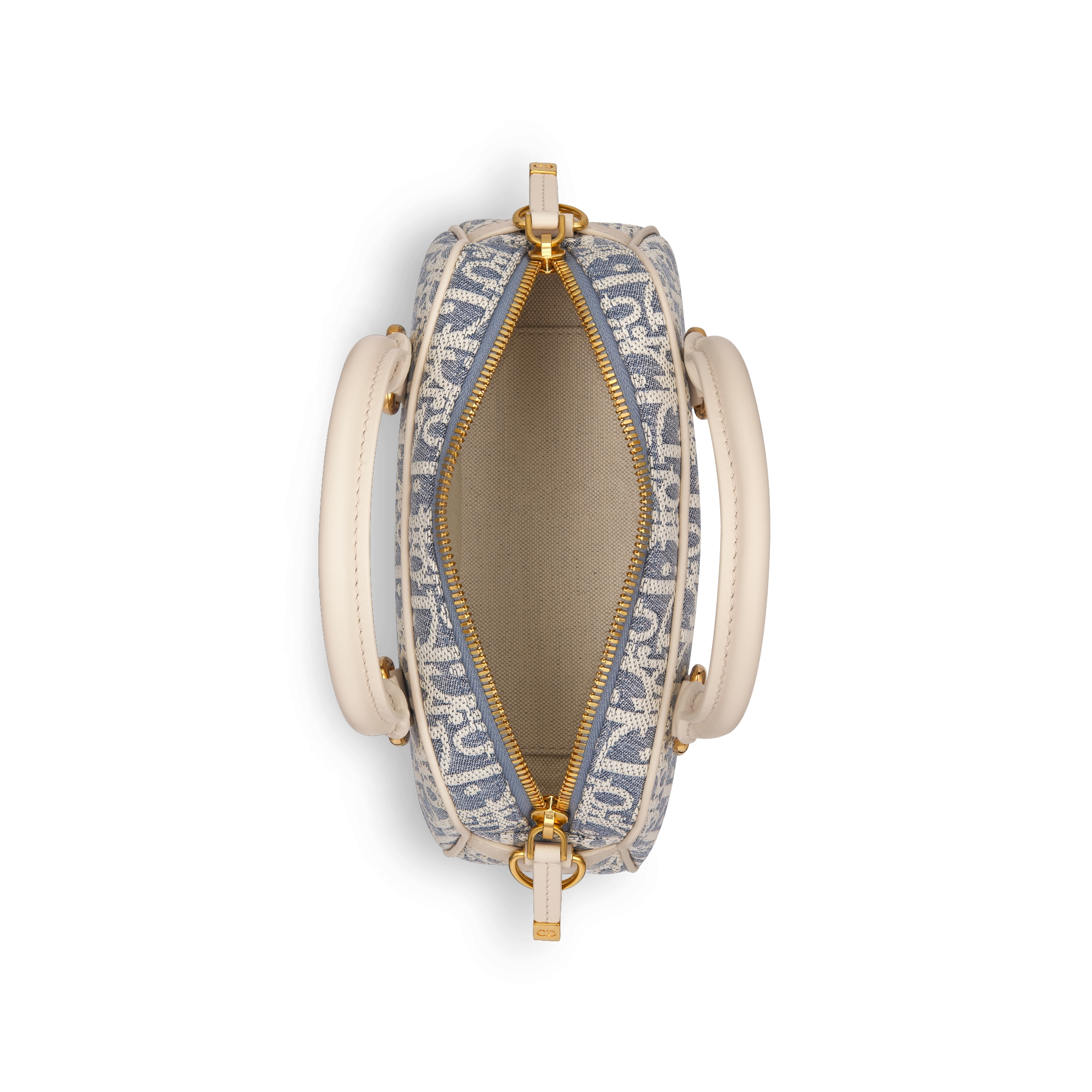 D-Vibe East-West 微型手袋 蓝色酒椰草效果格纹布 Oblique 印花和浅饼干色光滑牛皮革 E10