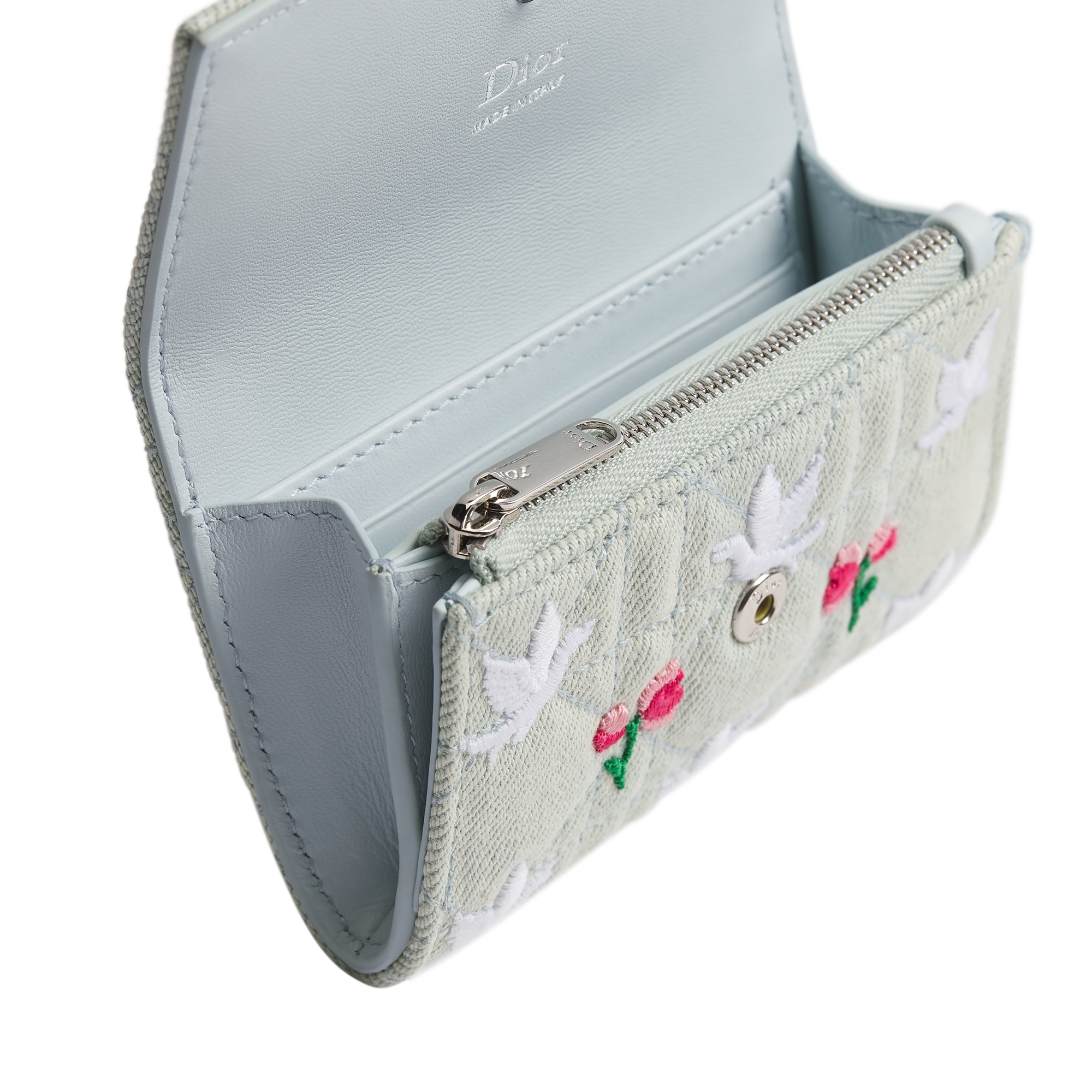 Dioramour My Dior Glycine 钱包 蓝色牛仔面料藤格纹多色 Doves & Roses 图案刺绣 E09