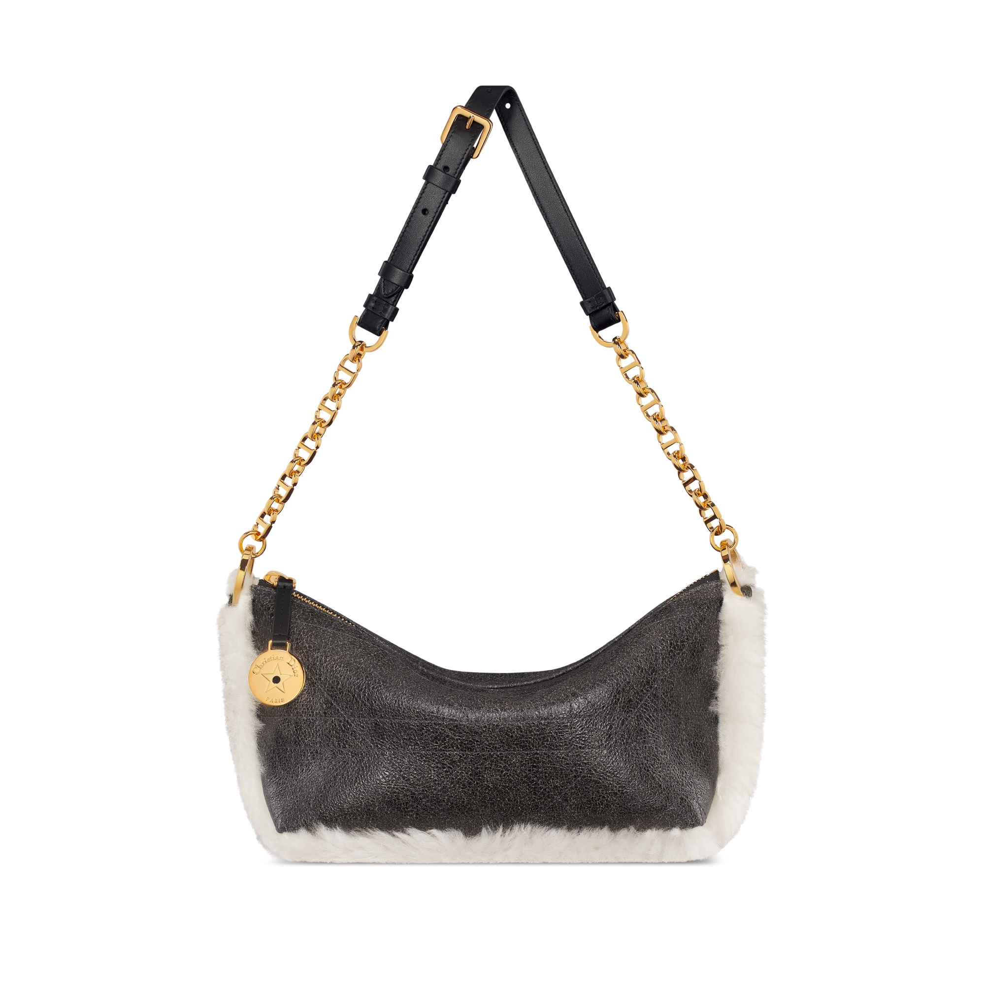 DiorAlps Diorstar 链条水饺包 黑色羊皮革和米白色美利奴绵羊毛超大藤格纹做旧效果 E07