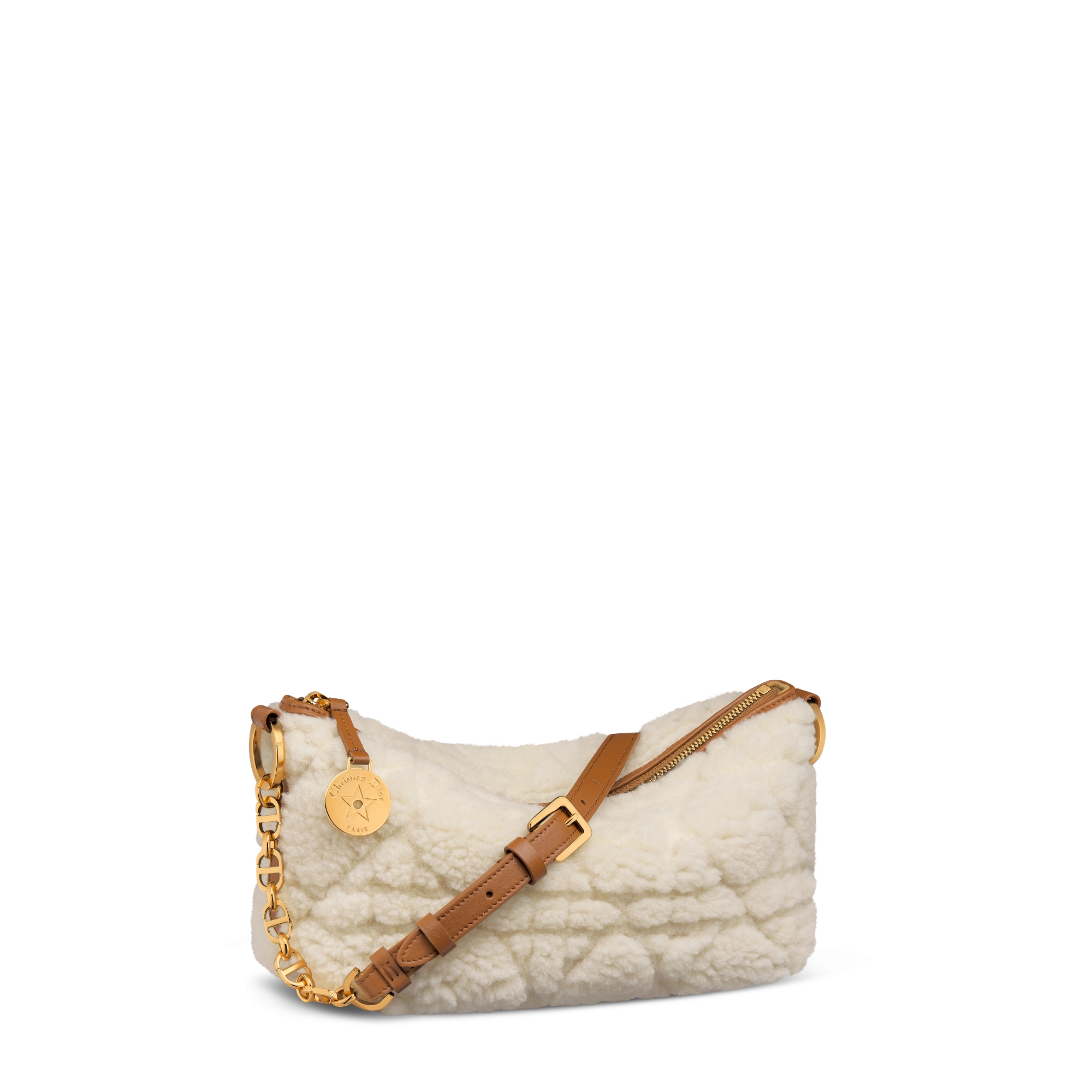 Diorstar 链条水饺包 米白色羊皮革皮毛一体藤格纹 E03