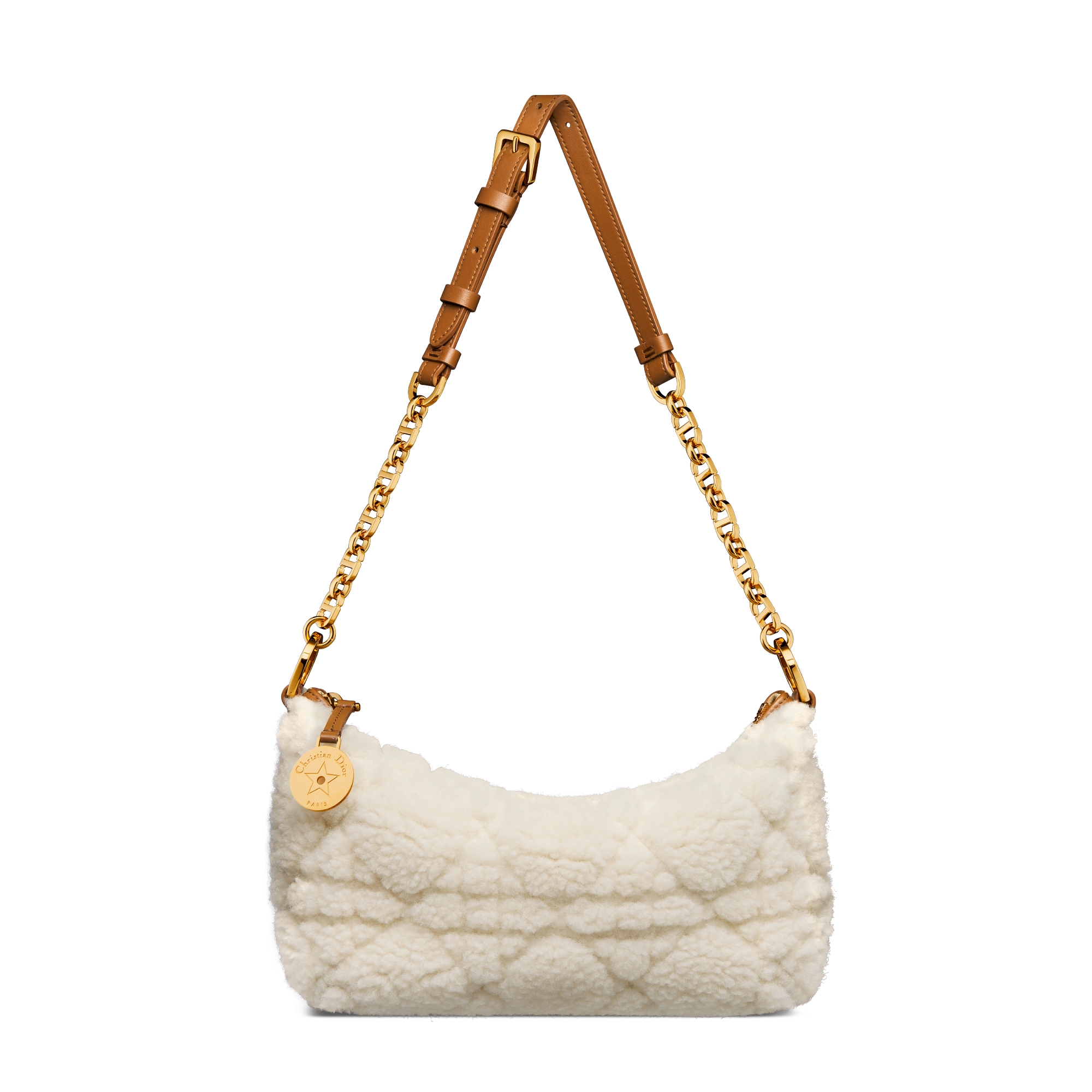 Diorstar 链条水饺包 米白色羊皮革皮毛一体藤格纹 E07