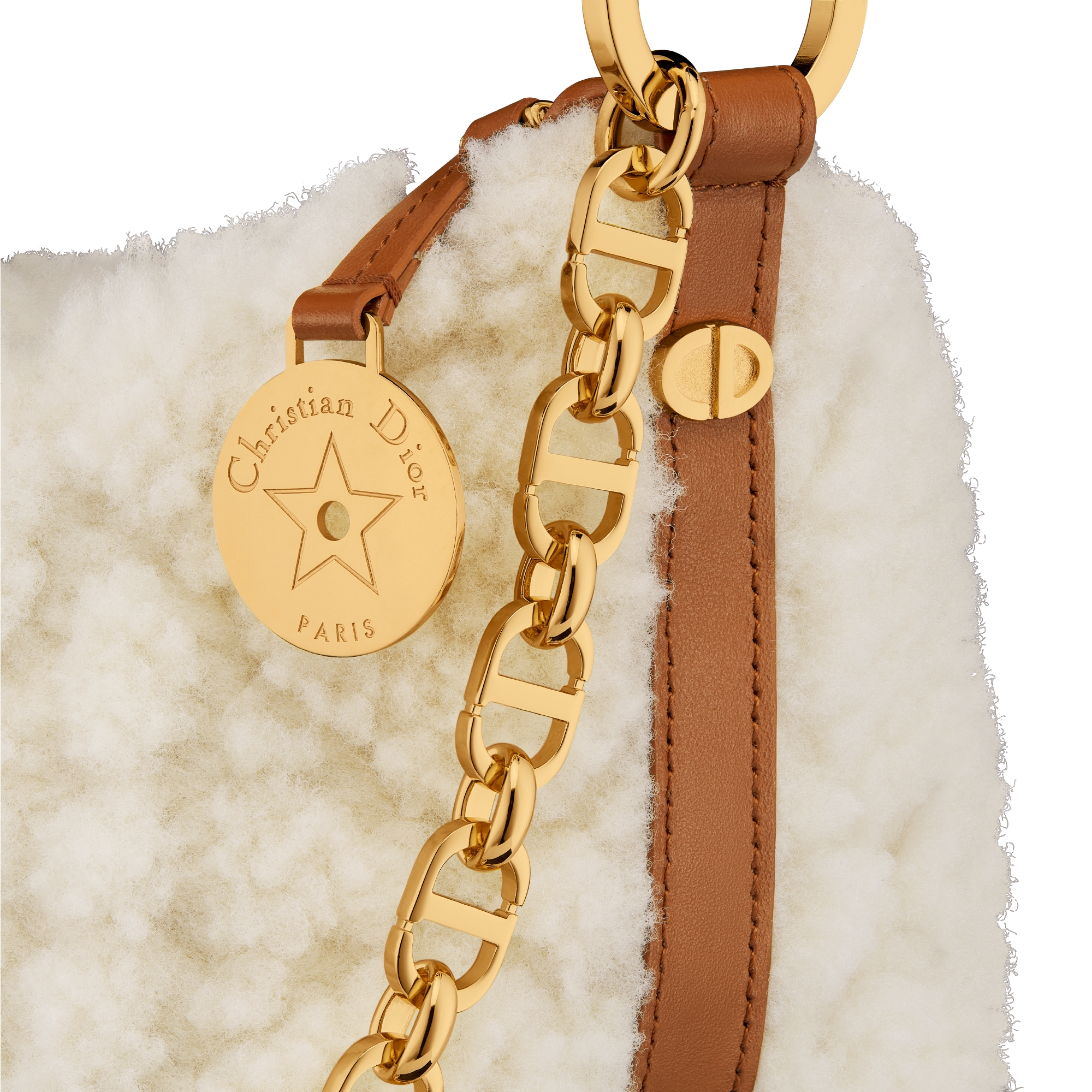 Diorstar 链条水饺包 米白色羊皮革皮毛一体藤格纹 E09