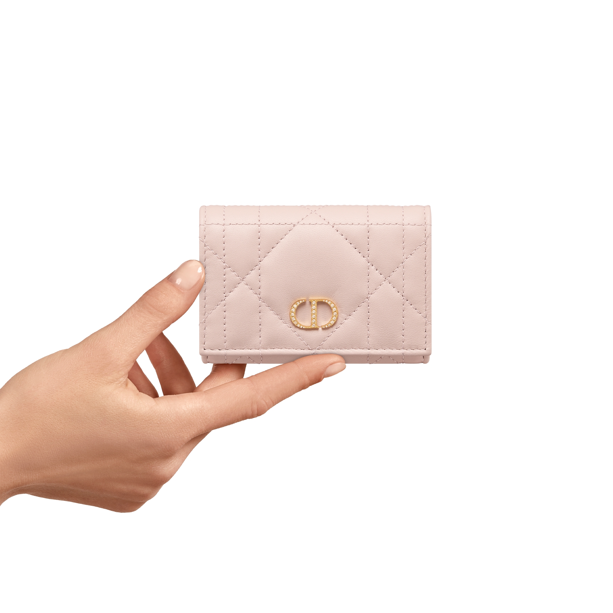Dior Caro Glycine 钱包 胭脂粉色羊皮革超大藤格纹晶体装饰 E11