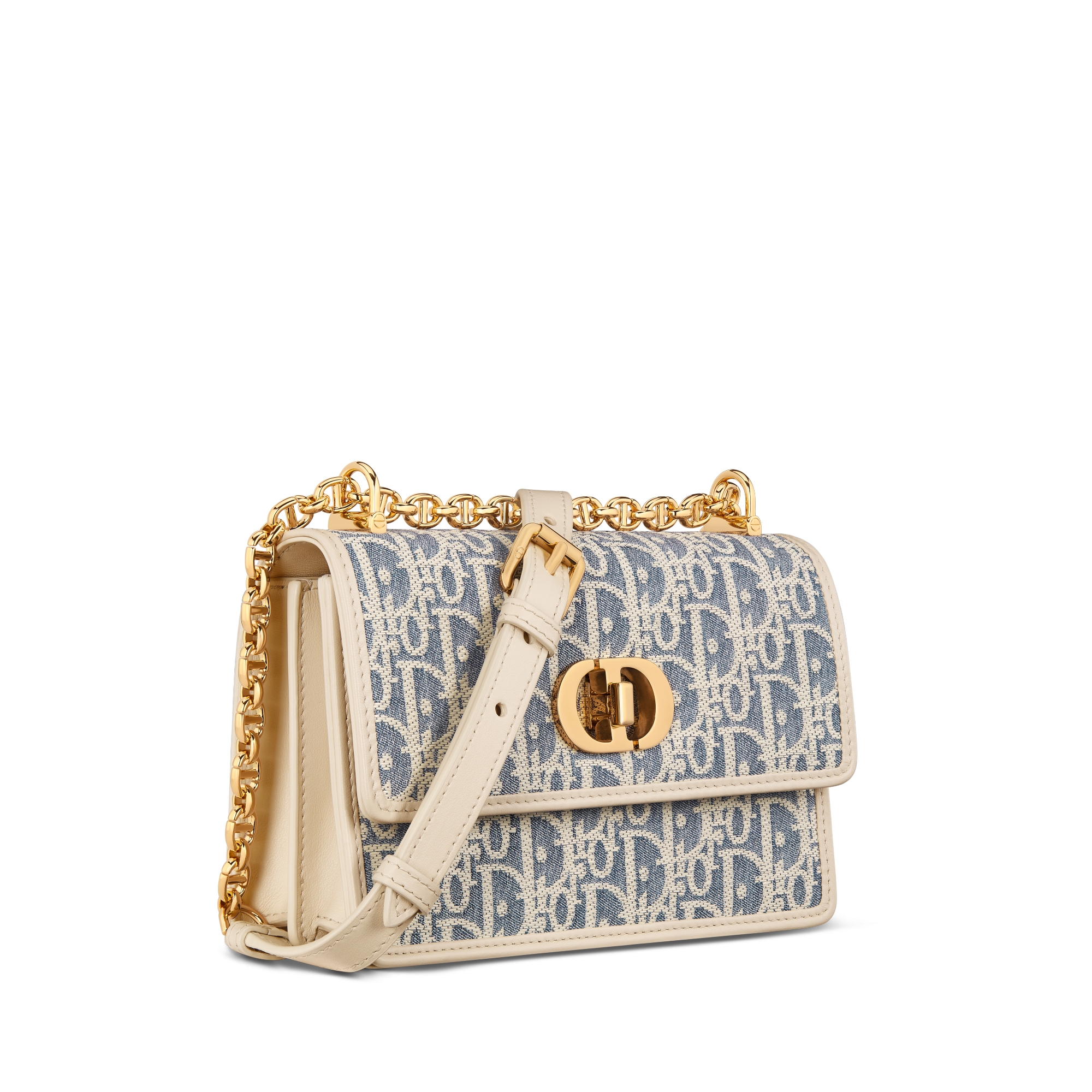 Miss Caro 迷你链条手袋 蓝色酒椰草效果格纹布 Oblique 印花和浅饼干色光滑牛皮革 E03