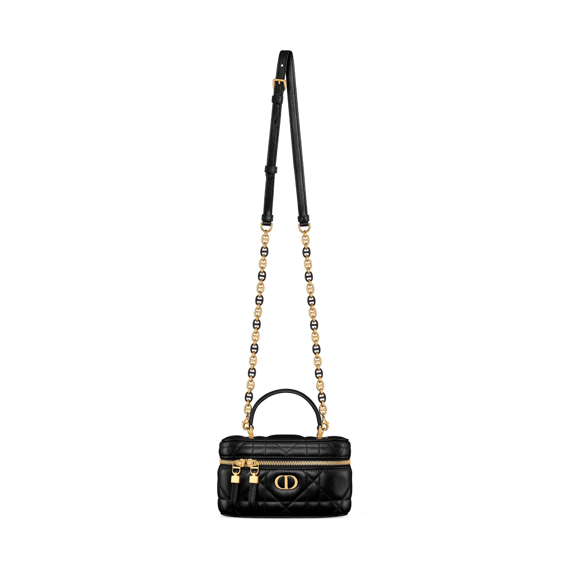 Dior Caro 迷你 Vanity 手袋 黑色羊皮革超大藤格纹 E07