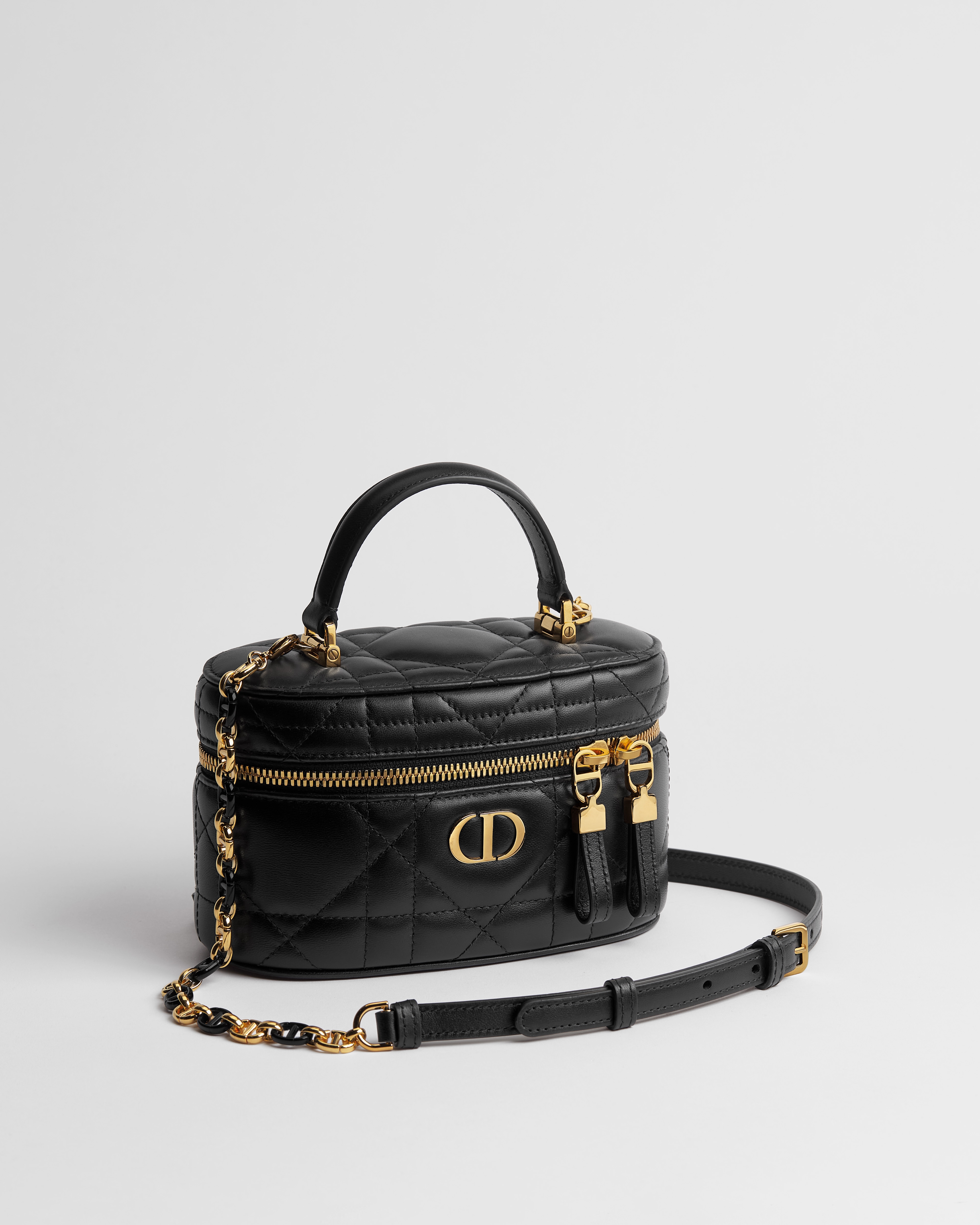 Dior Caro 迷你 Vanity 手袋 黑色羊皮革超大藤格纹 E03