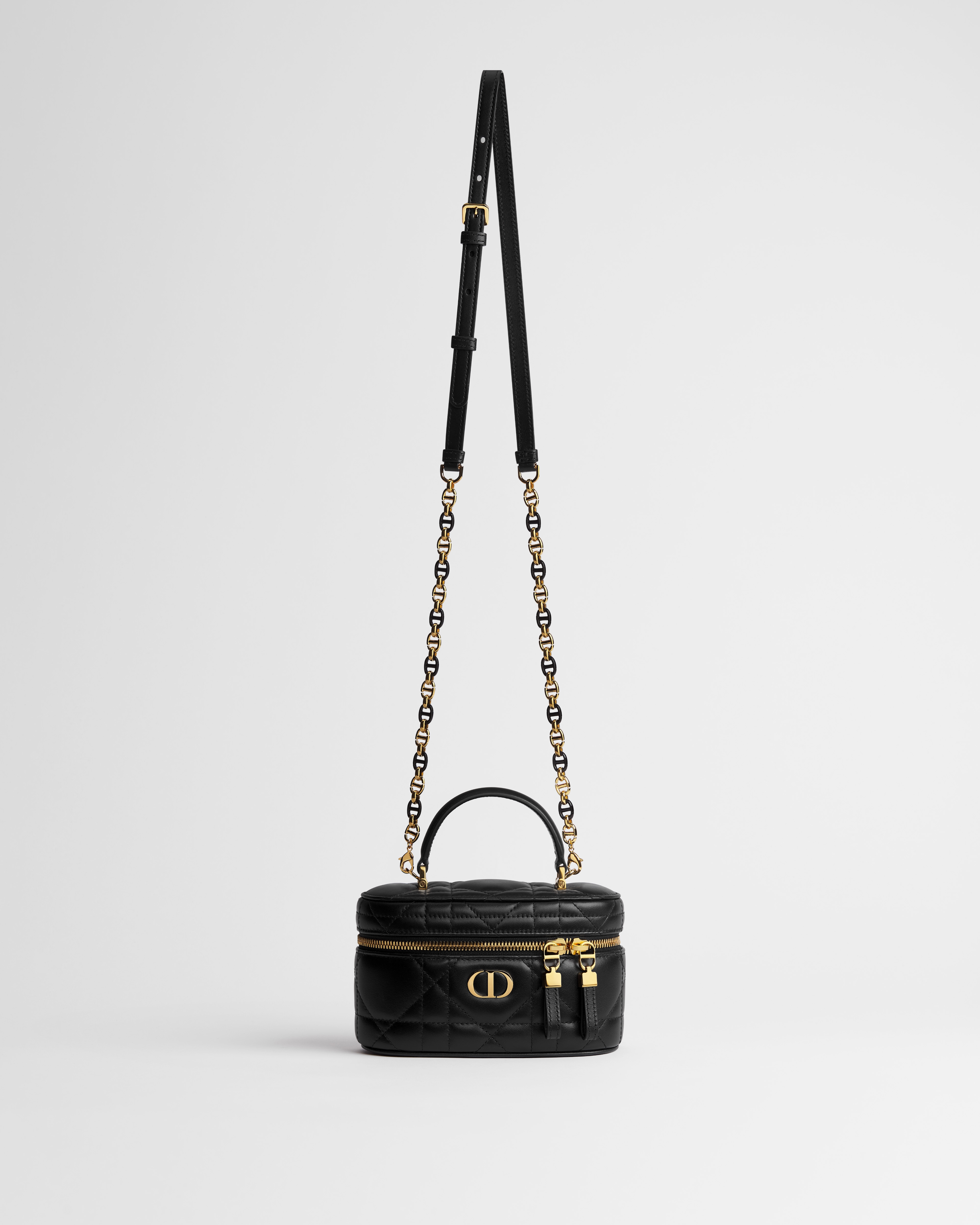 Dior Caro 迷你 Vanity 手袋 黑色羊皮革超大藤格纹 E07