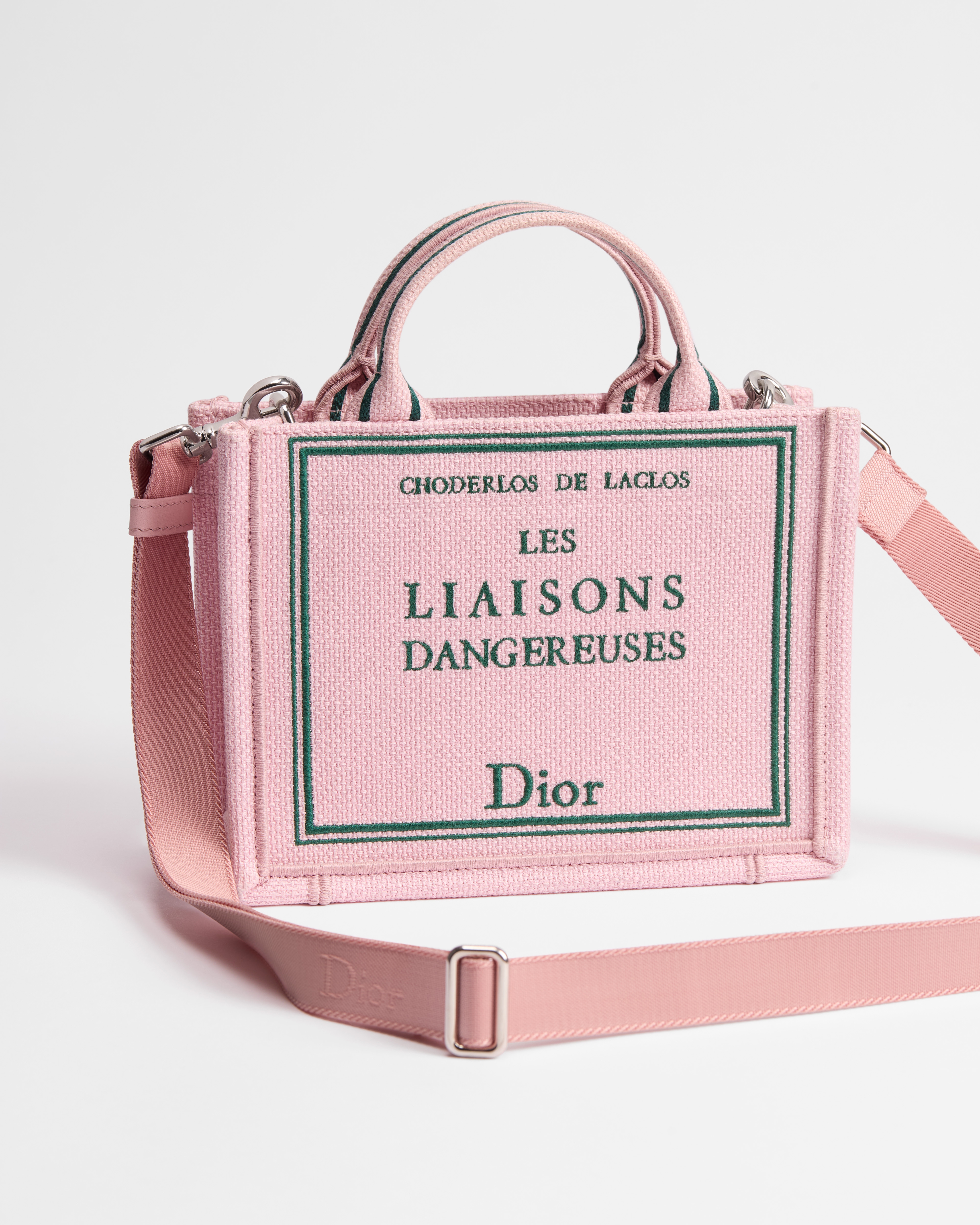 迷你 Book Tote 手袋（附肩带） 粉色和绿色 Book Cover 图案刺绣（21 x 16 x 6.5 厘米） E03