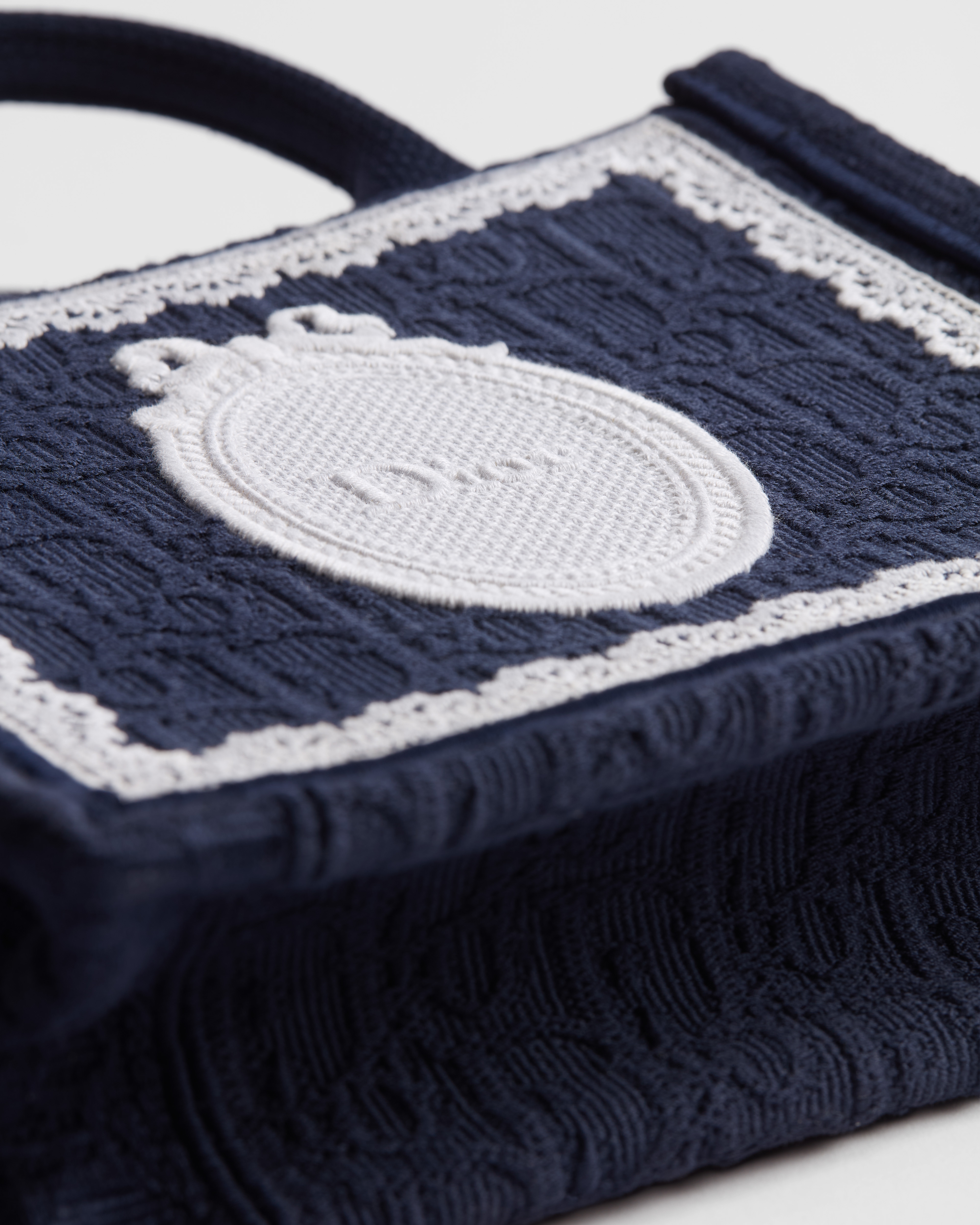 迷你 Book Tote 手袋（附肩带） 蓝色 Oblique 印花面料搭配白色蕾丝和 Dior Médaillon 标志（21 x 16 x 6.5 厘米） E09