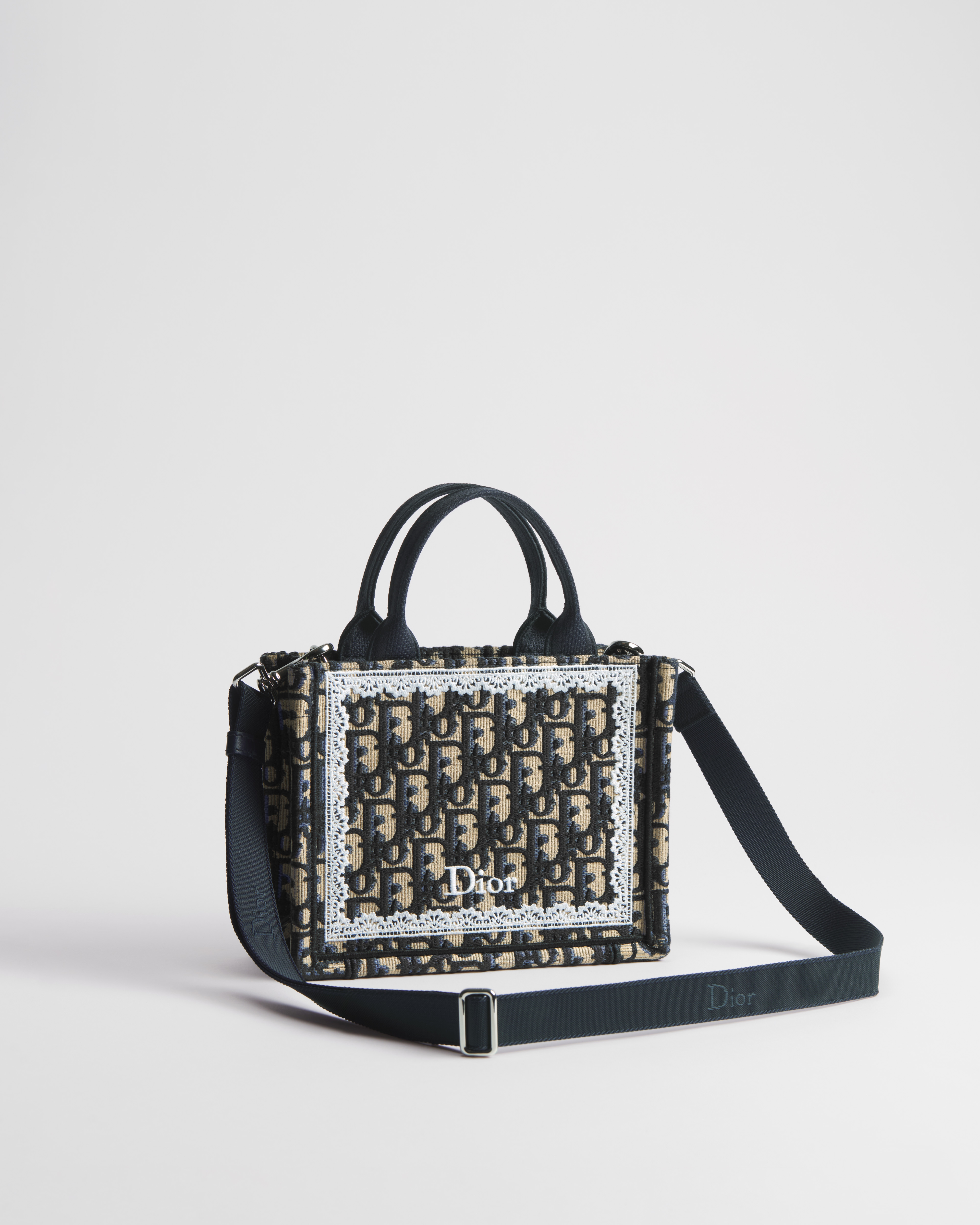 迷你 Book Tote 手袋（附肩带） 蓝色 Oblique 印花面料和白色蕾丝（21 x 16 x 6.5 厘米） E03