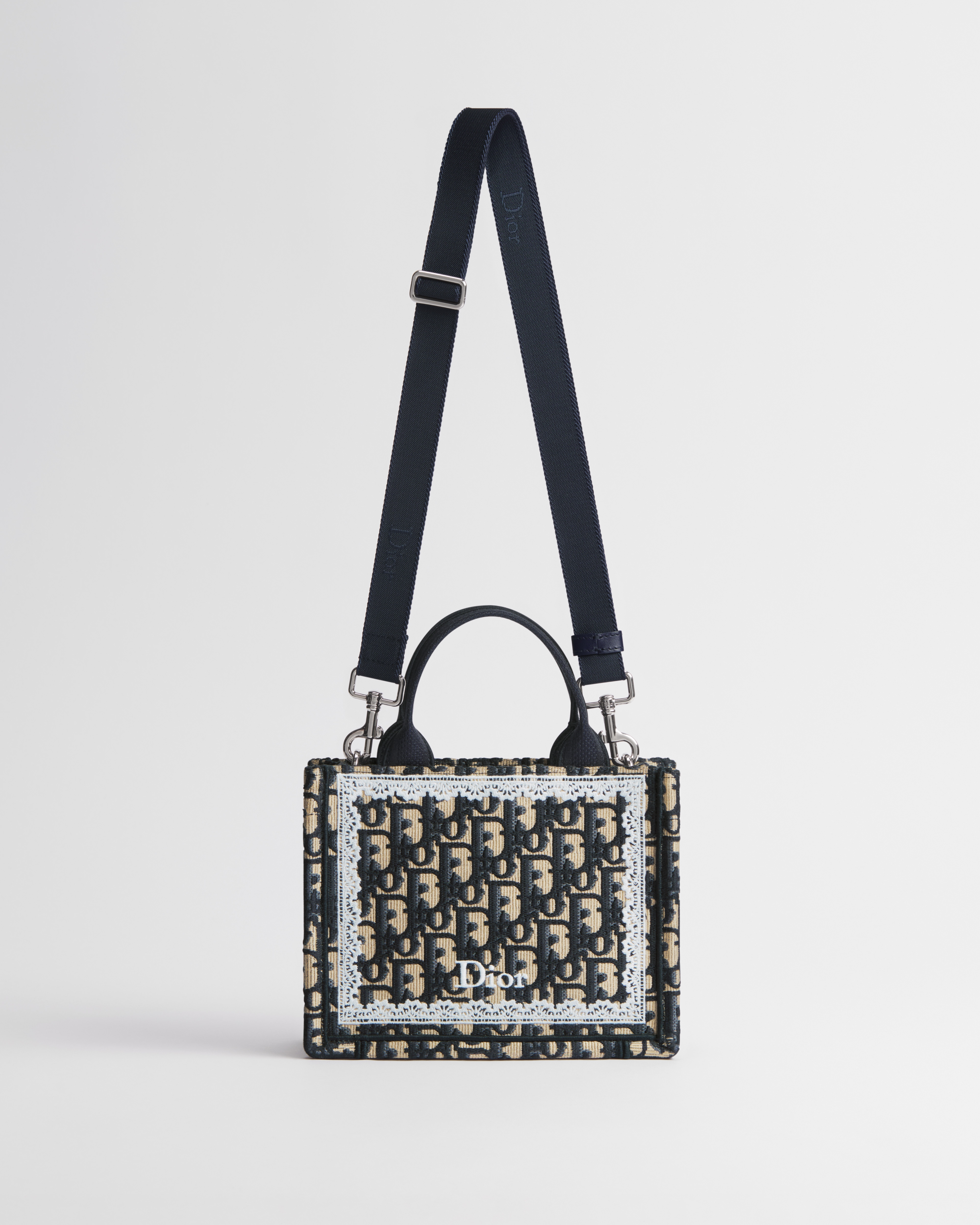 迷你 Book Tote 手袋（附肩带） 蓝色 Oblique 印花面料和白色蕾丝（21 x 16 x 6.5 厘米） E07