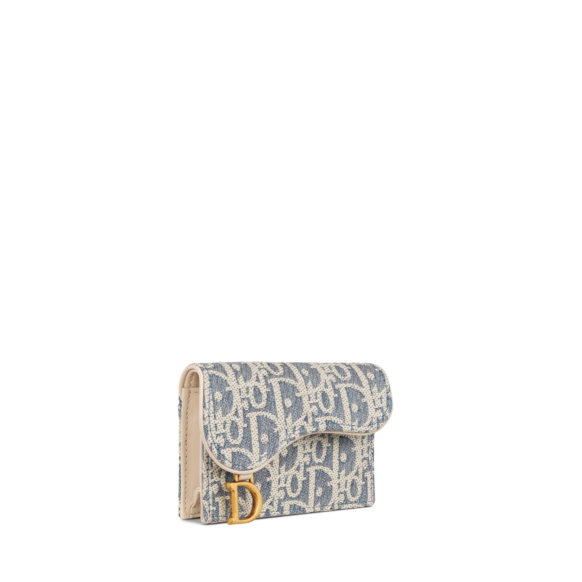 Bloom 马鞍卡夹 蓝色酒椰草效果格纹布 Oblique 印花和浅饼干色光滑牛皮革 E03