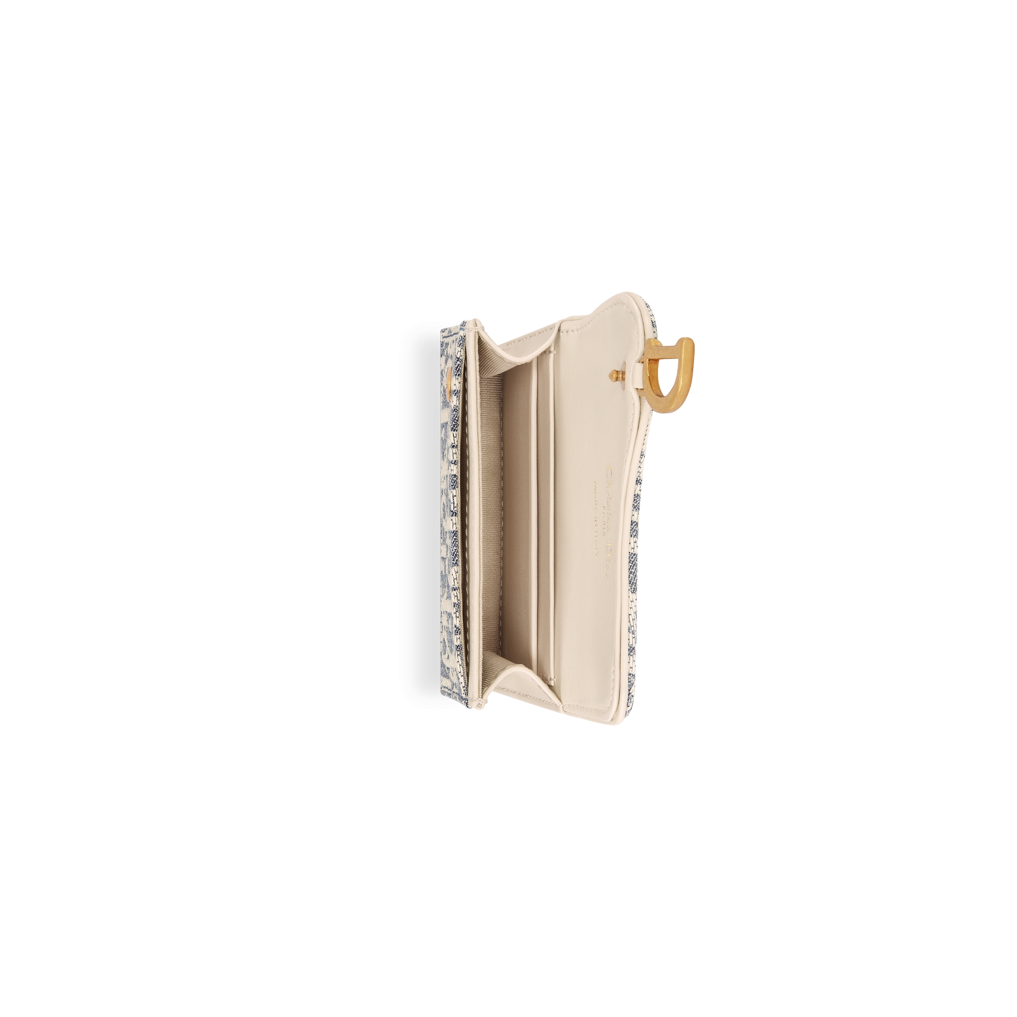 Bloom 马鞍卡夹 蓝色酒椰草效果格纹布 Oblique 印花和浅饼干色光滑牛皮革 E06