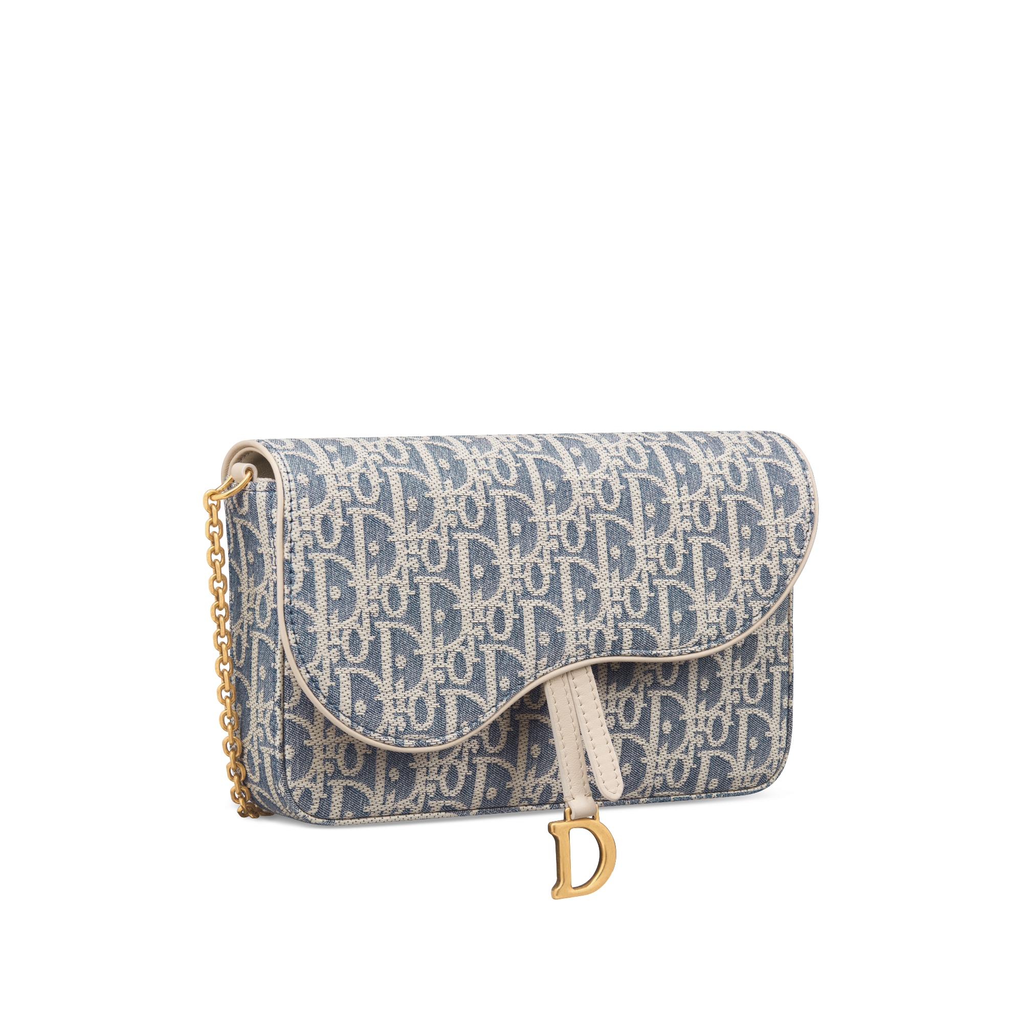 中号马鞍链条手袋 蓝色酒椰草效果格纹布 Oblique 印花和浅饼干色光滑牛皮革 E03