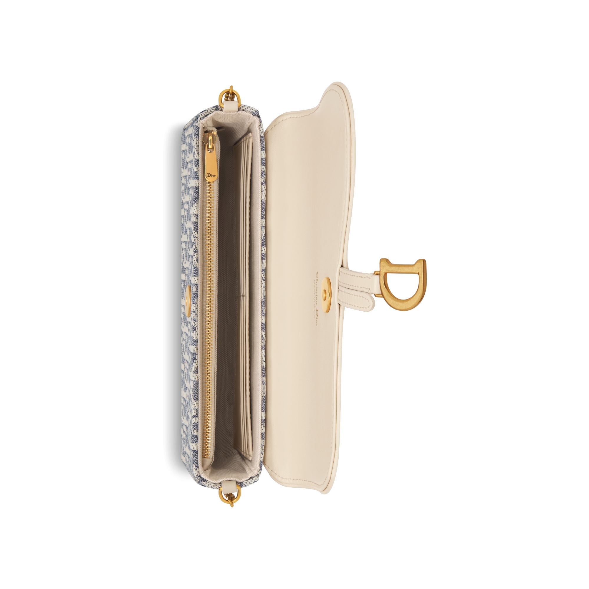 中号马鞍链条手袋 蓝色酒椰草效果格纹布 Oblique 印花和浅饼干色光滑牛皮革 E06