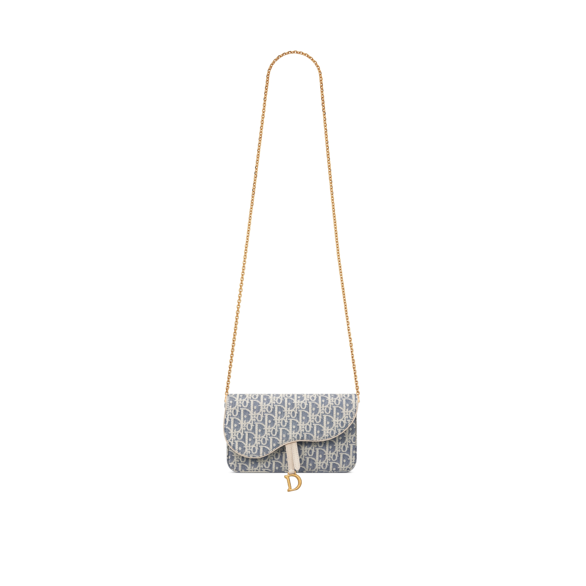 中号马鞍链条手袋 蓝色酒椰草效果格纹布 Oblique 印花和浅饼干色光滑牛皮革 E07