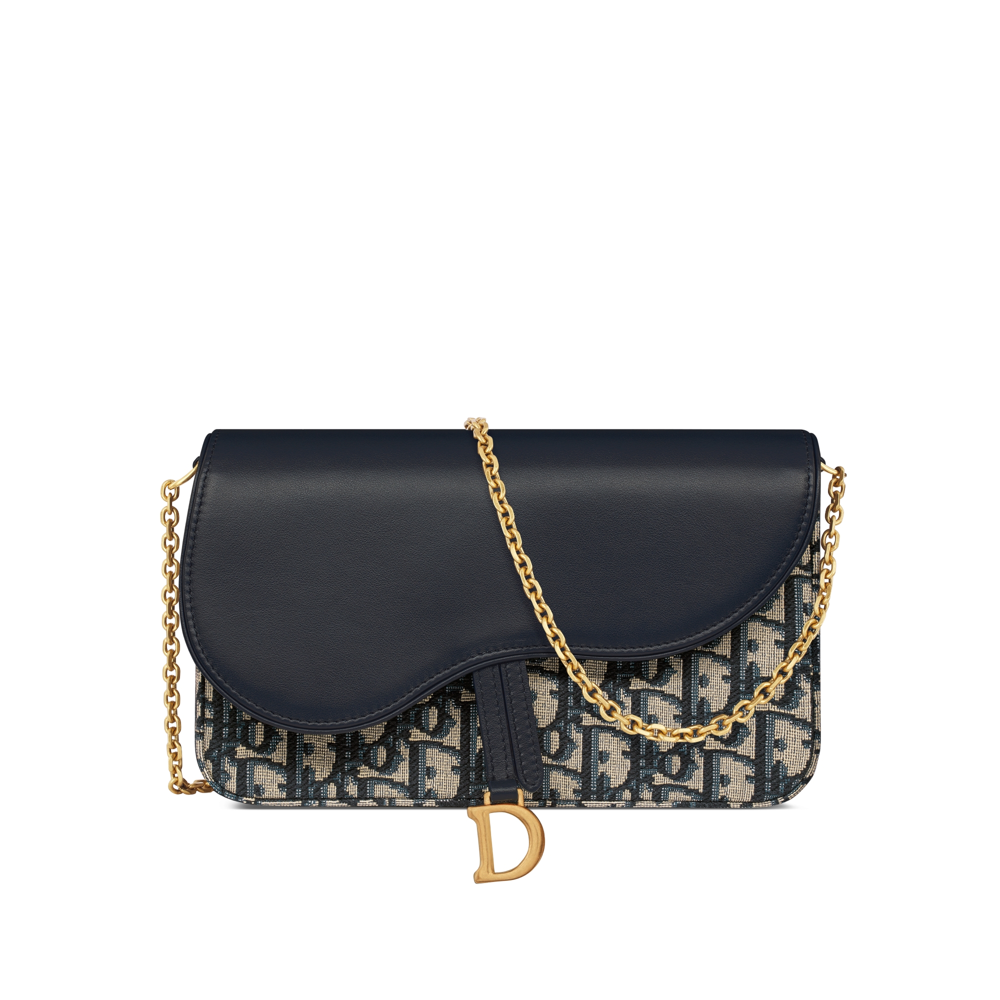 中号马鞍链条手袋 蓝色 Oblique 印花面料和光滑牛皮革 E01