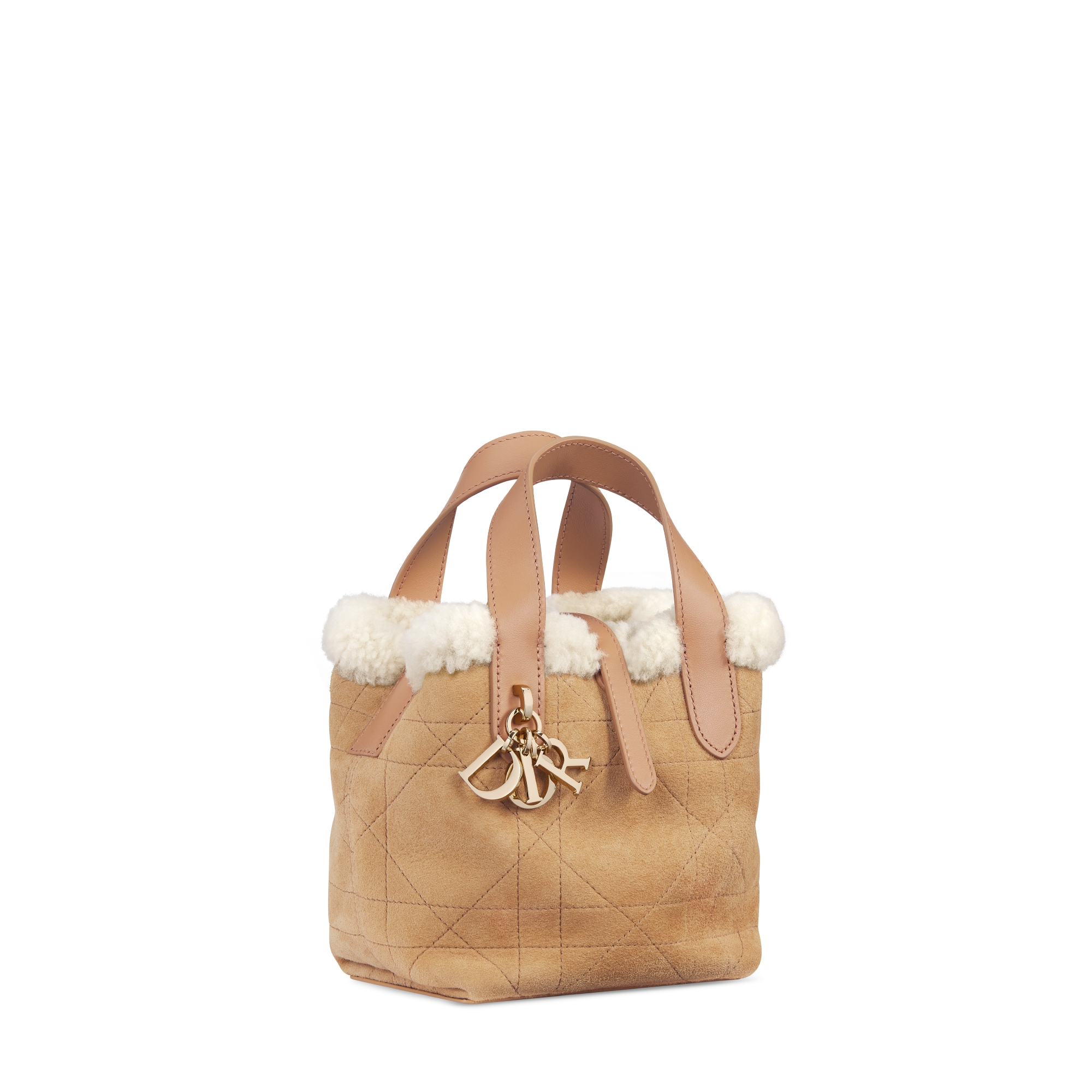 微型 DiorAlps Dior Toujours 竖版手袋 米色绒面牛皮革和米白色美利奴绵羊毛超大藤格纹 E03