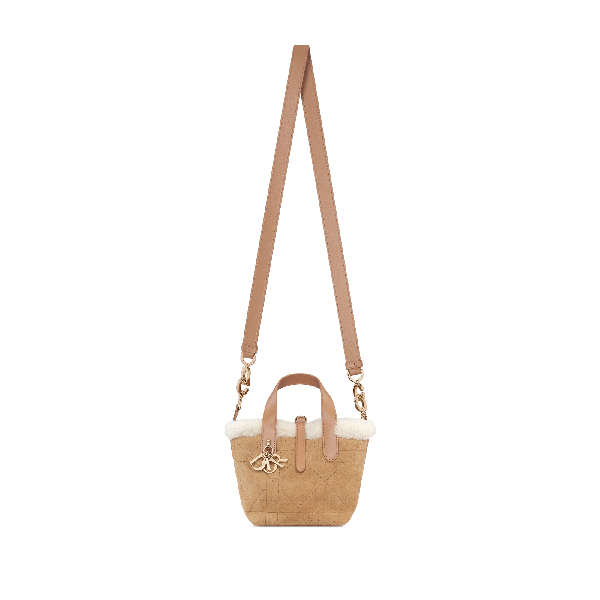 微型 DiorAlps Dior Toujours 竖版手袋 米色绒面牛皮革和米白色美利奴绵羊毛超大藤格纹 E07