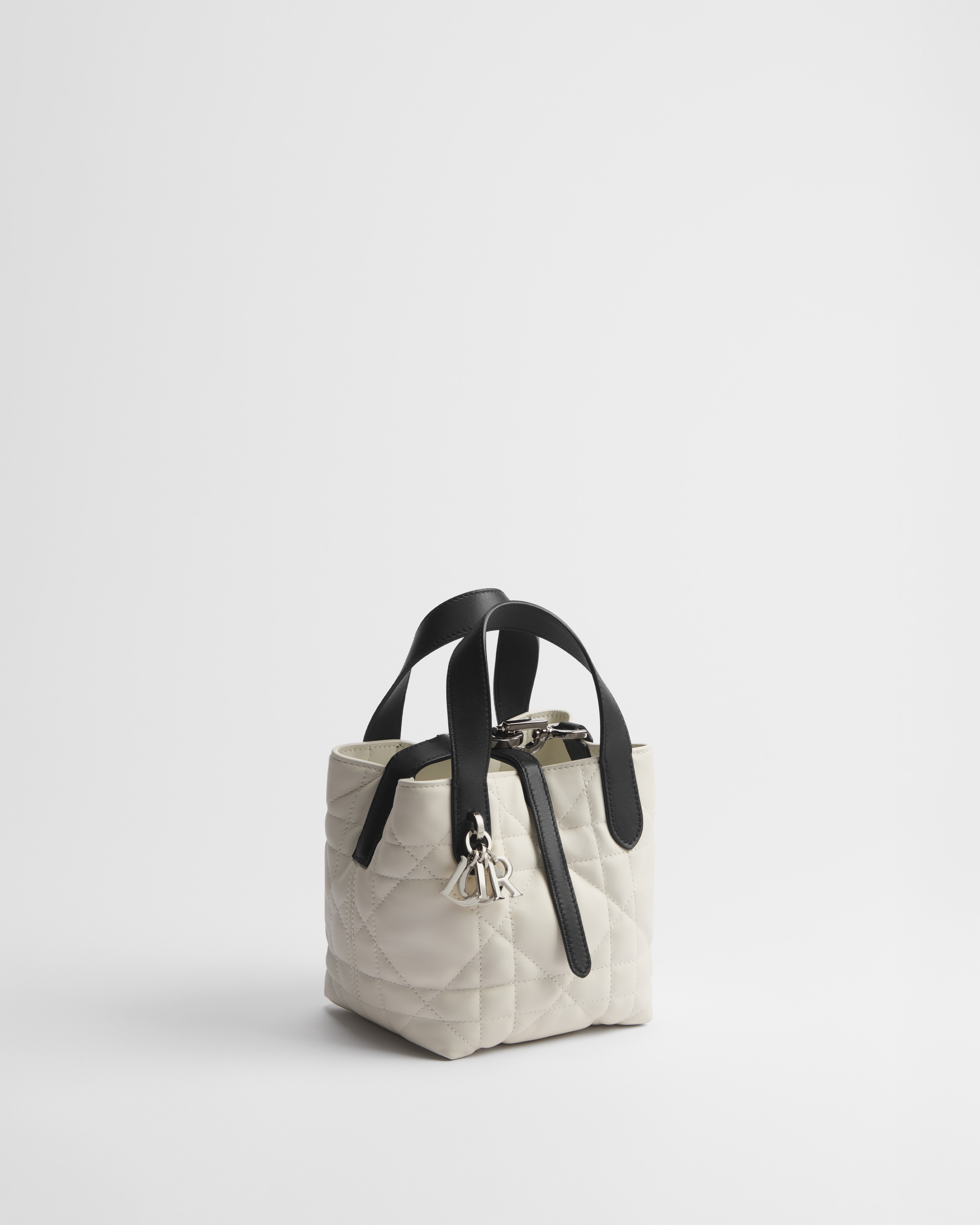 微型 Dior Toujours 竖版手袋 奶白色和黑色双色牛皮革超大藤格纹 E03