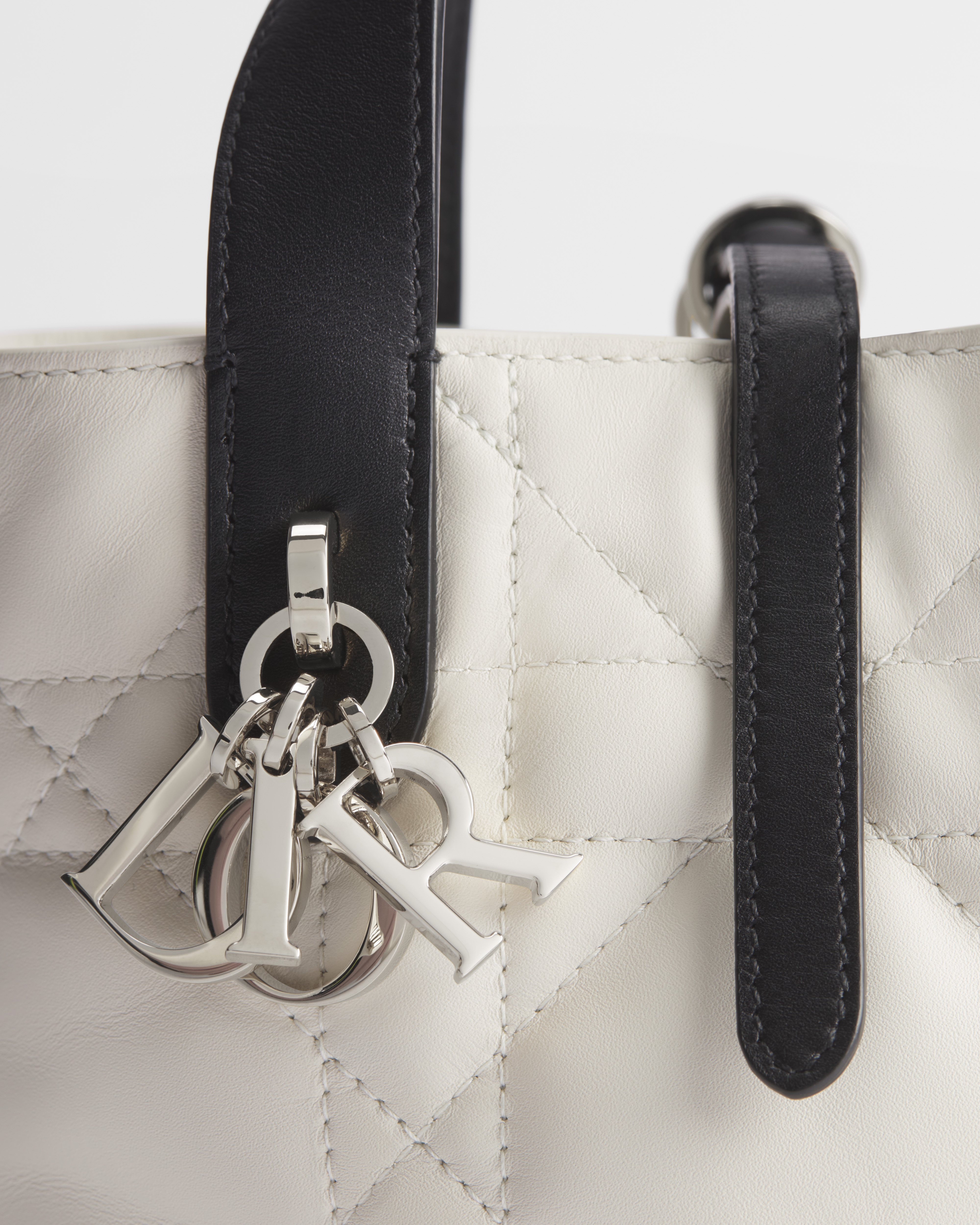 微型 Dior Toujours 竖版手袋 奶白色和黑色双色牛皮革超大藤格纹 E09