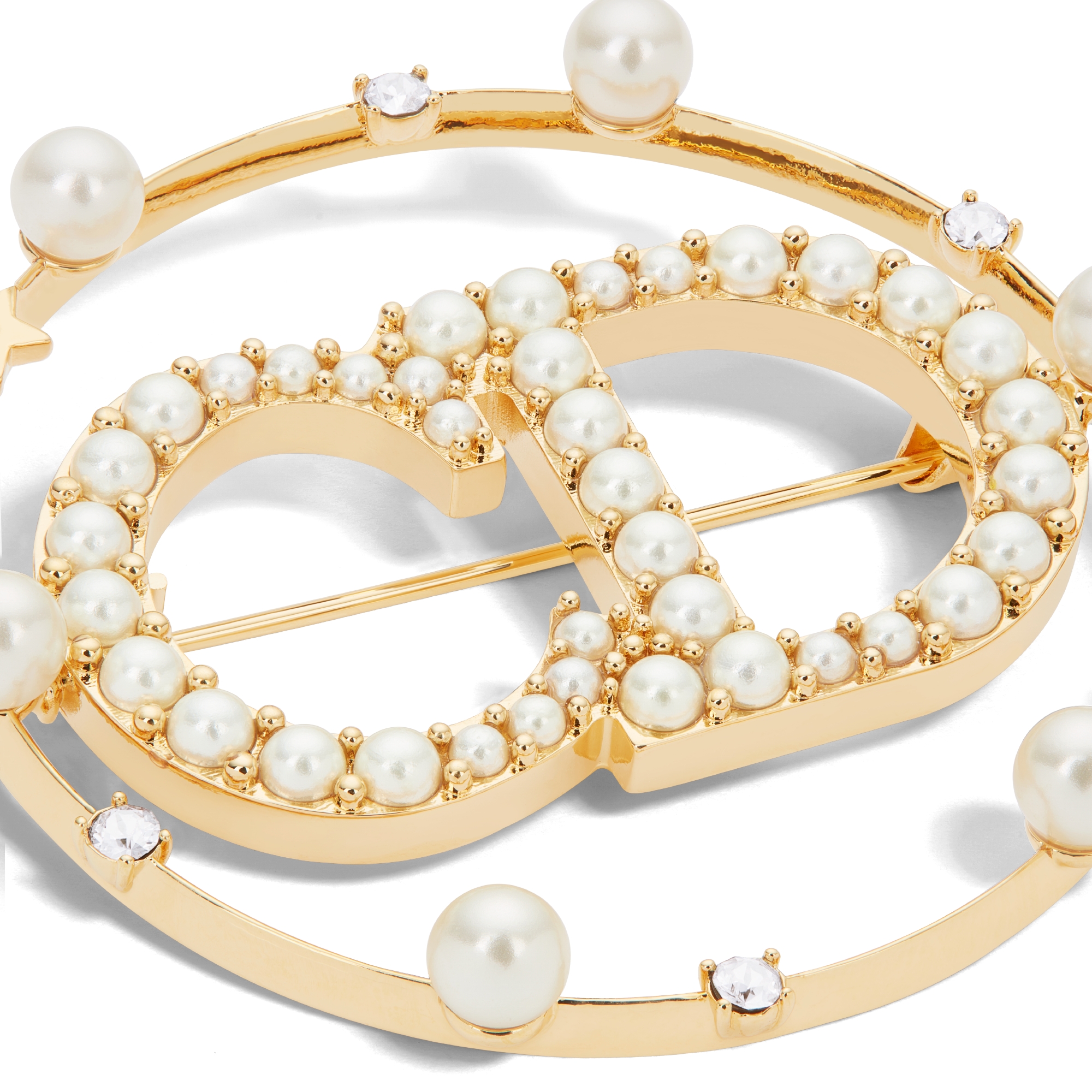 Clair D Lune 胸针 金色饰面金属、白色树脂珠饰和白色仿水晶装饰 E09